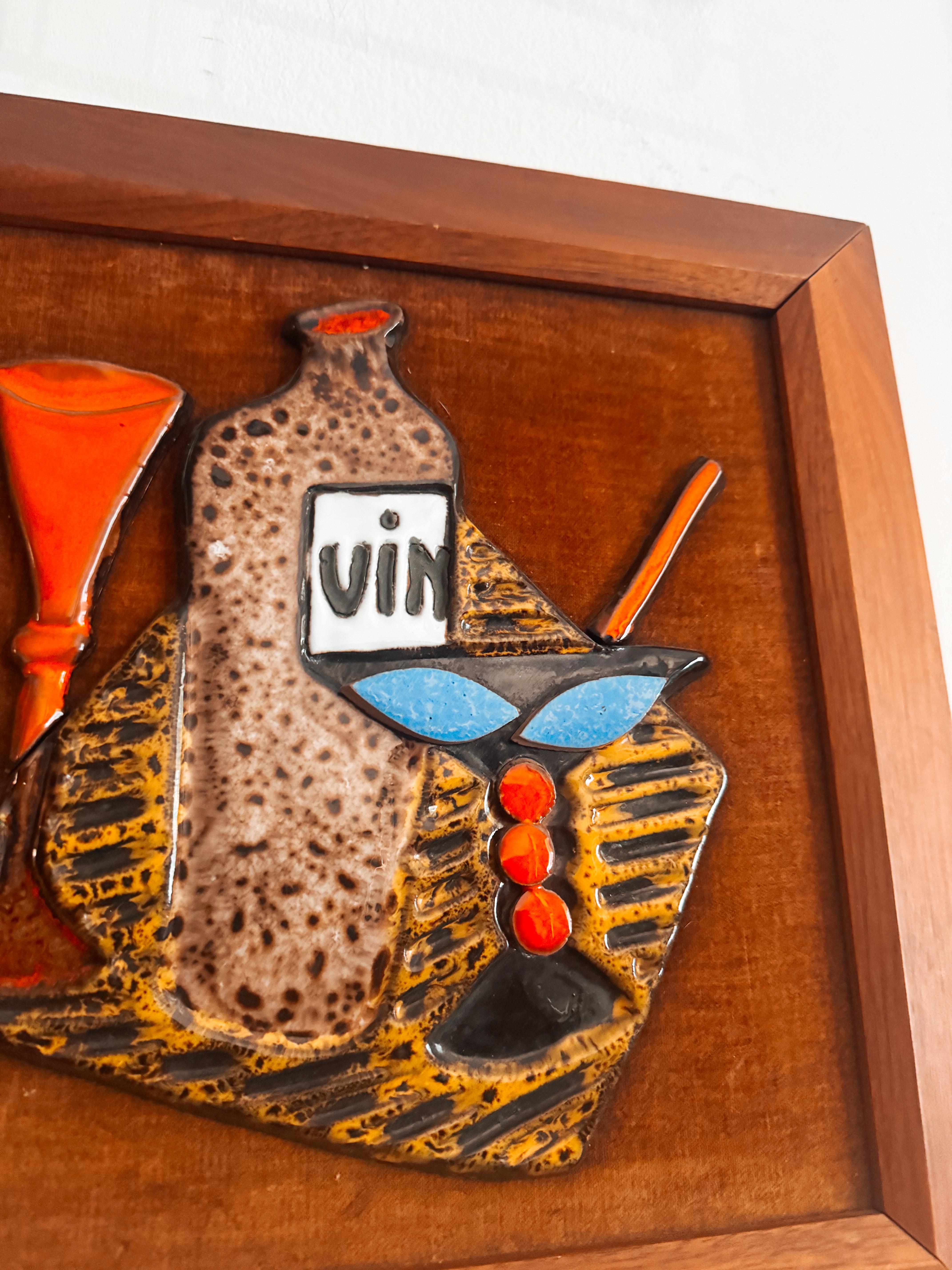 20ième siècle 1960 Maurice Chalvignac Art Pottery & Teak Wall Art - 