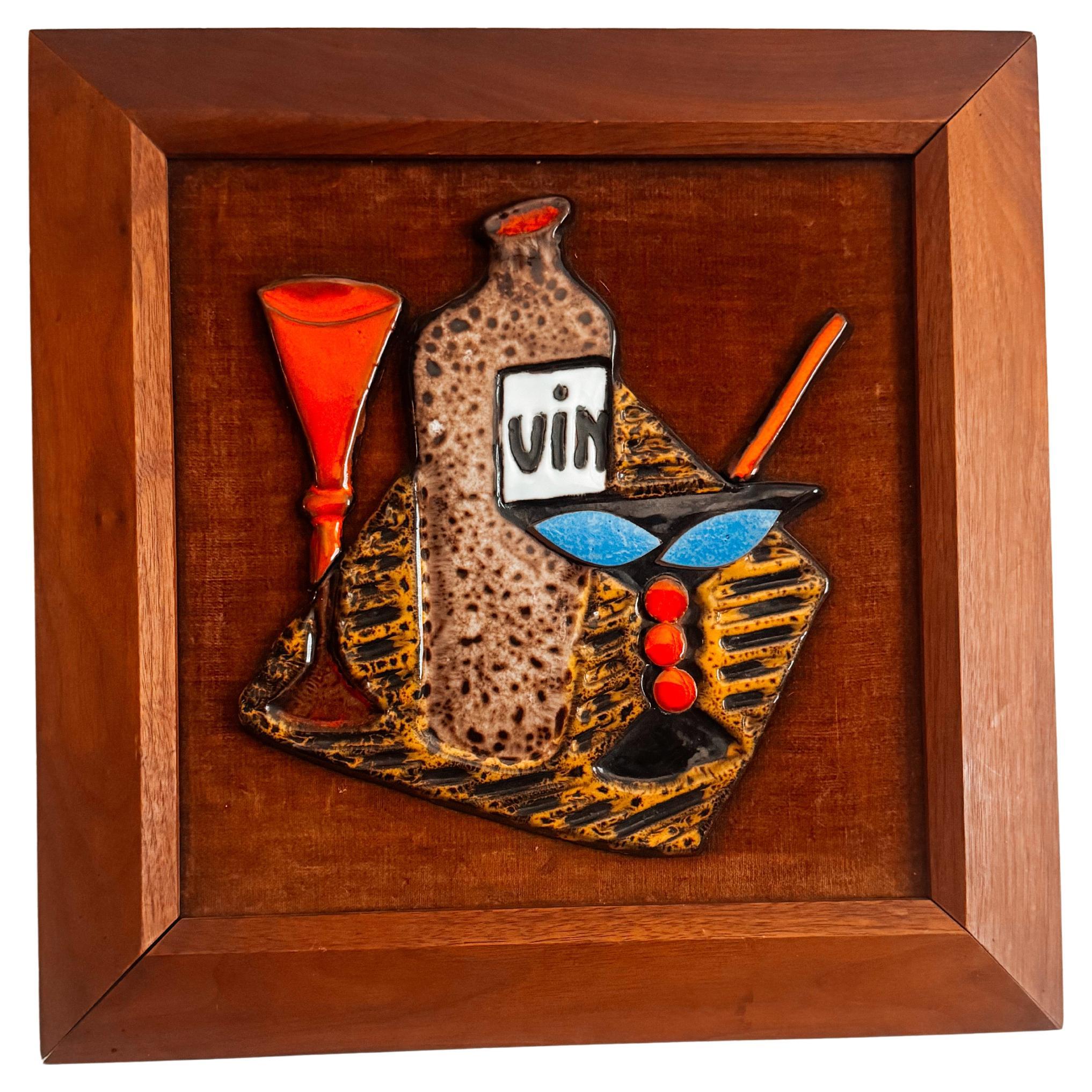 1960 Maurice Chalvignac Art Pottery & Teak Wall Art - "Vin" Wine Scene Quebec en vente