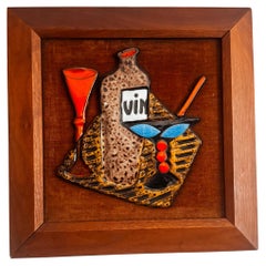 1960 Maurice Chalvignac Art Pottery & Teak Wall Art - "Vin" Wine Scene Quebec