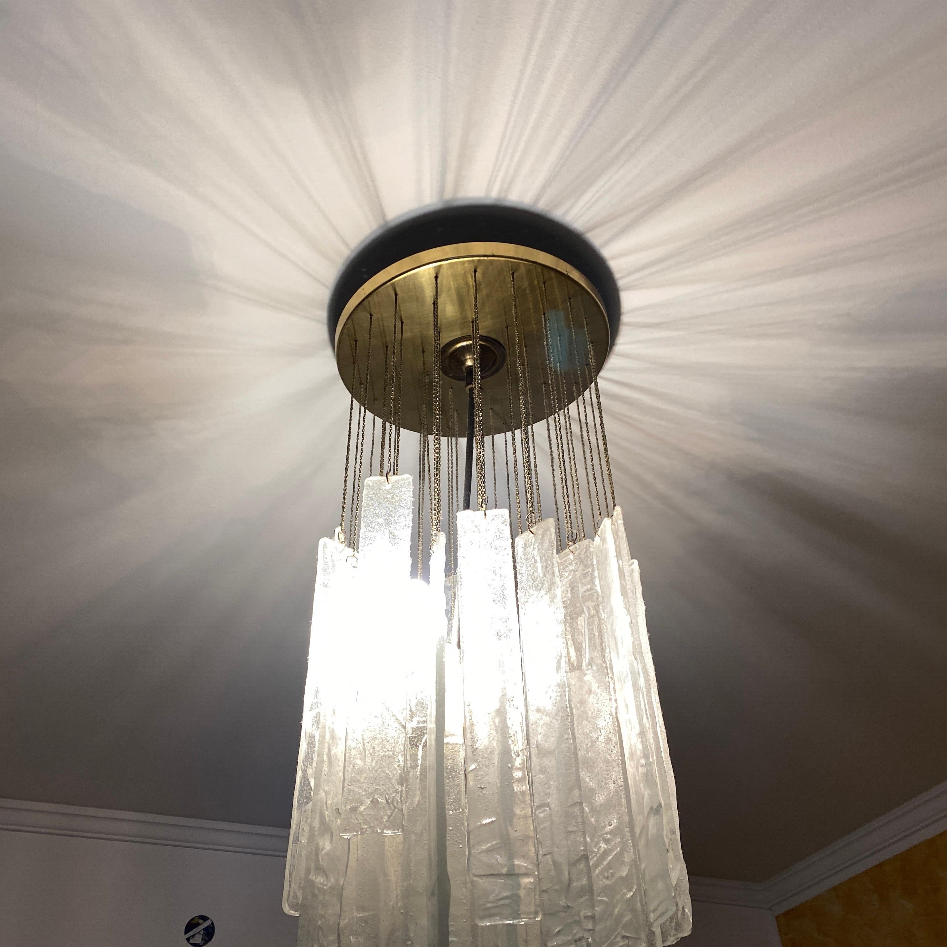 Hand-Crafted 1960s Mazzega Mid-Century Modern Brass and Murano Glass Cascading Chandelier