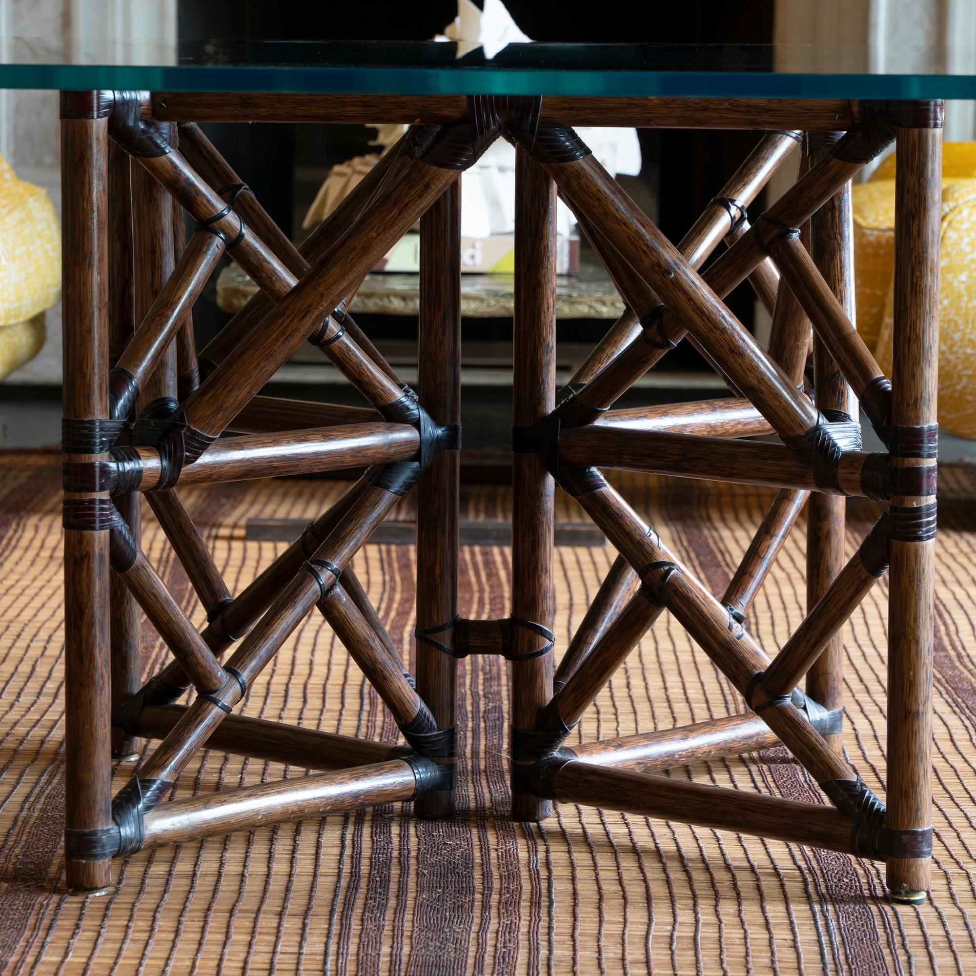 1960s McGuire Dining Table, Rattan and Leather Base with Square Glass Top 5
