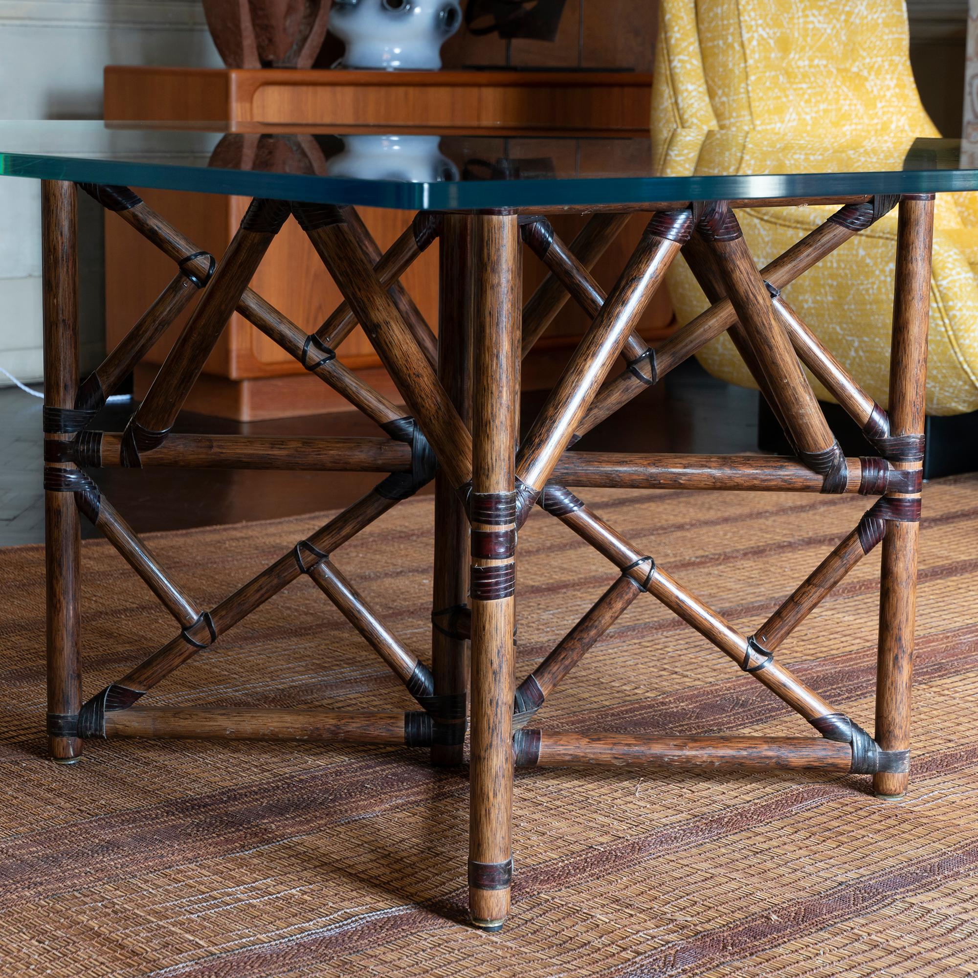 Mid-Century Modern 1960s McGuire Dining Table, Rattan and Leather Base with Square Glass Top