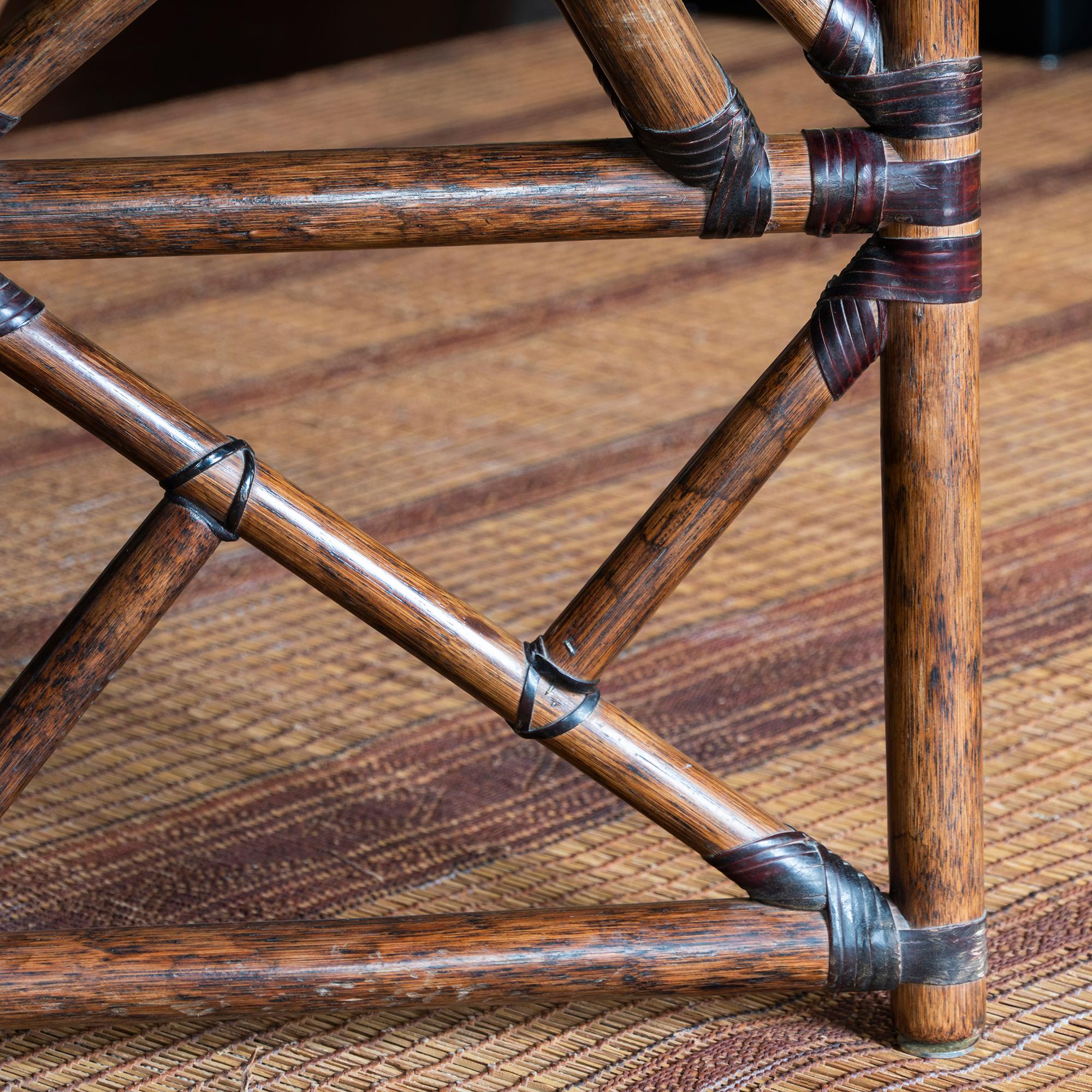 American 1960s McGuire Dining Table, Rattan and Leather Base with Square Glass Top