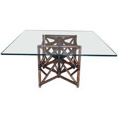 1960s McGuire Dining Table, Rattan and Leather Base with Square Glass Top