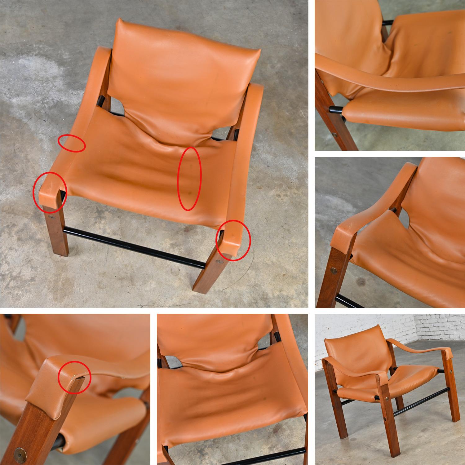 1960’s MCM Chelsea Arkana Safari Chair Maurice Burke Cognac Faux Leather & Teak  For Sale 3