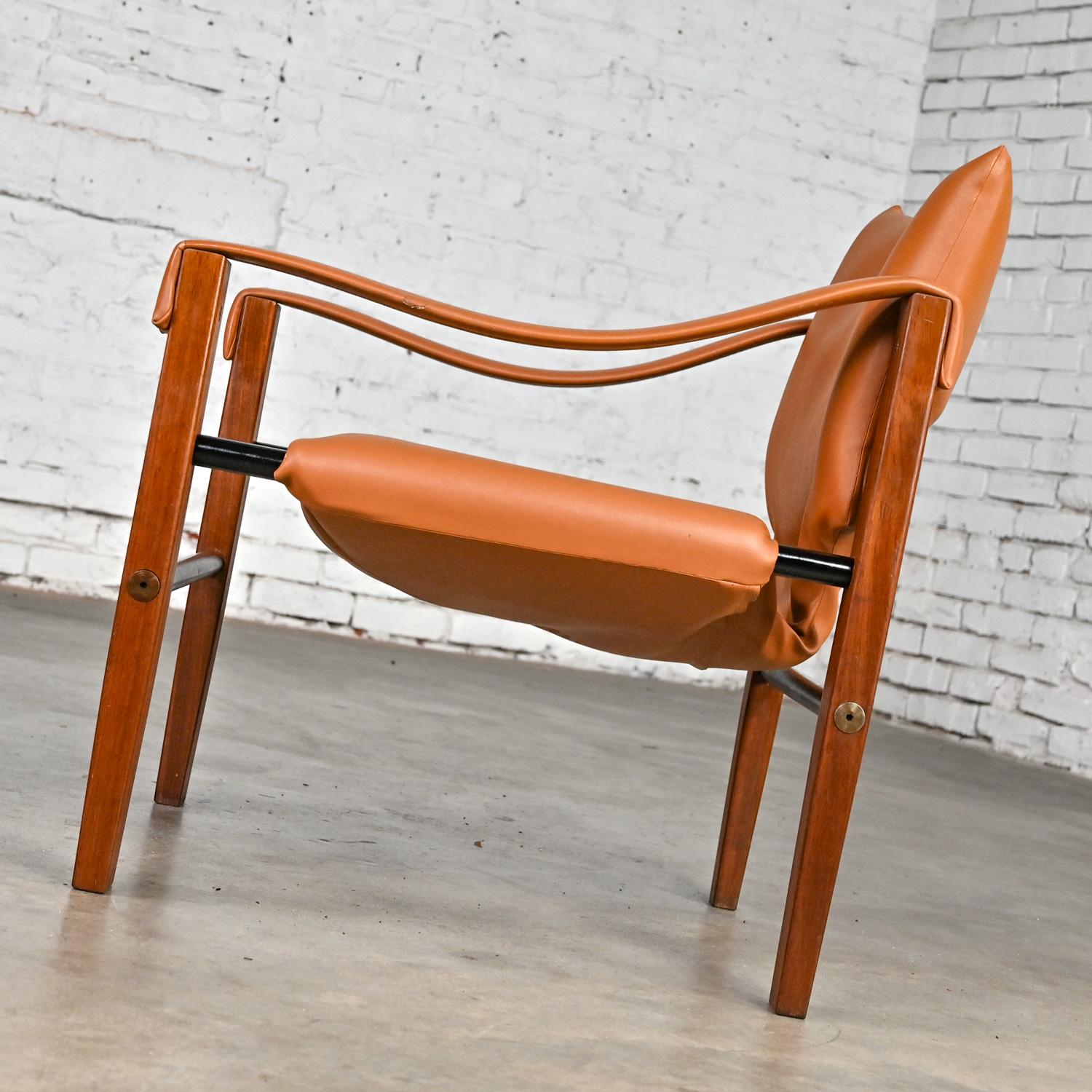 Mid-Century Modern 1960’s MCM Chelsea Arkana Safari Chair Maurice Burke Cognac Faux Leather & Teak  For Sale