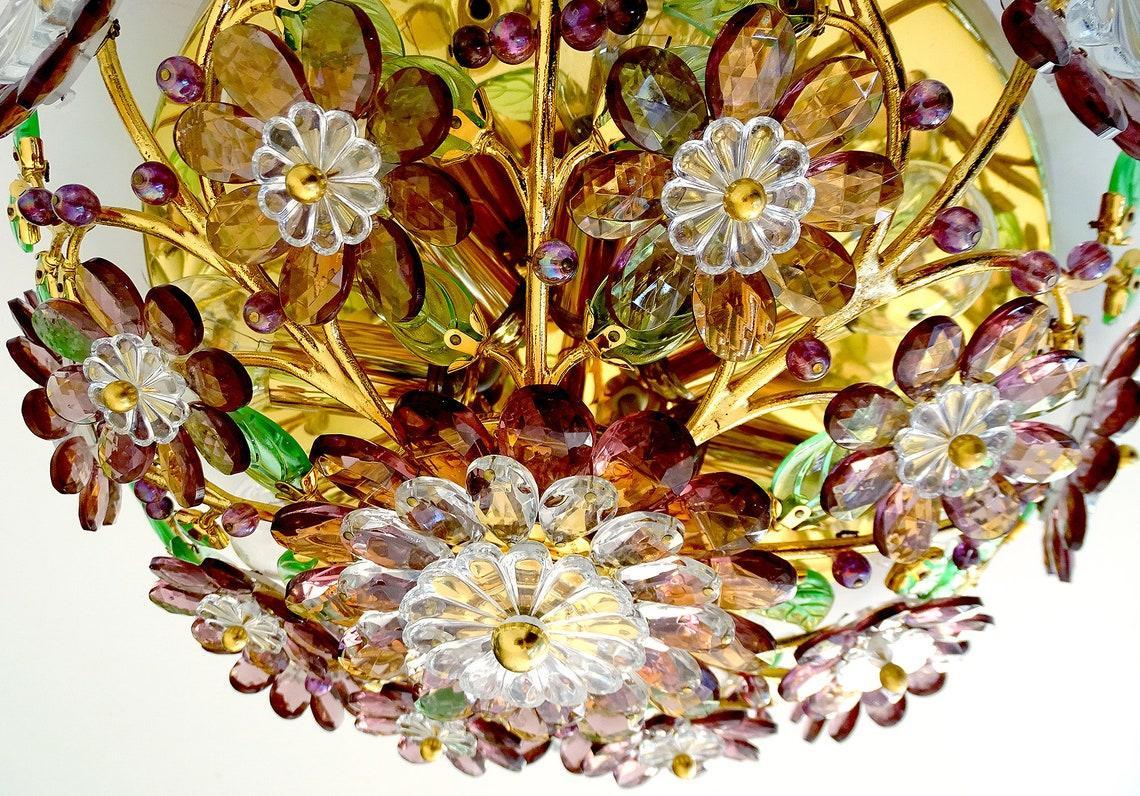 Mid-Century Modern 1960s MCM Crystal Amethyst & Verde Flower Form Flush Mount Ceiling Fixture Palwa For Sale