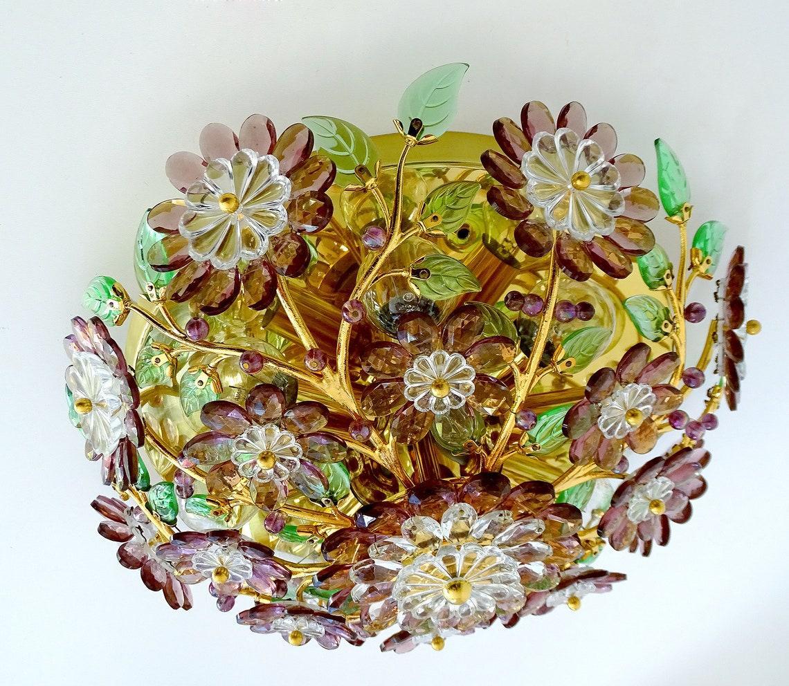 1960, MCM Crystal Amethyst & Verde Flower Form Flush Mount Ceiling Fixture Palwa Bon état - En vente à Opa Locka, FL