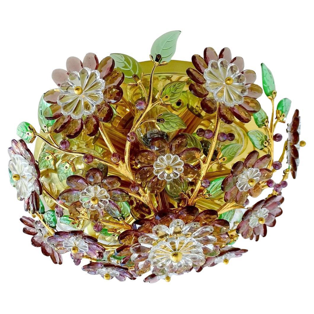 1960er MCM Crystal Amethyst & Verde Flower Form Flush Mount Deckenleuchte Palwa