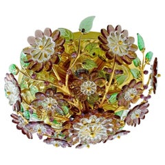 Vintage 1960s MCM Crystal Amethyst & Verde Flower Form Flush Mount Ceiling Fixture Palwa