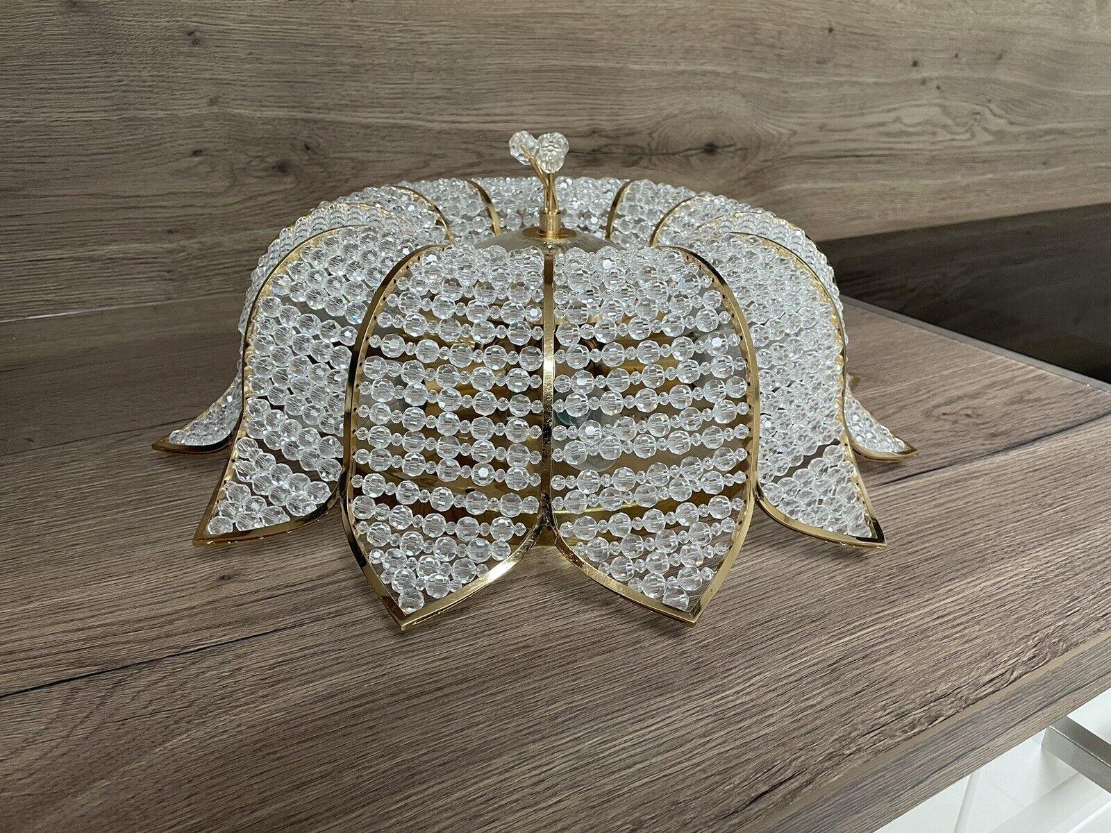 Mid-Century Modern 1960s MCM  Cut Crystal Beaded Floral w/ 24K Framed Ceiling Flush Mount by Palwa For Sale