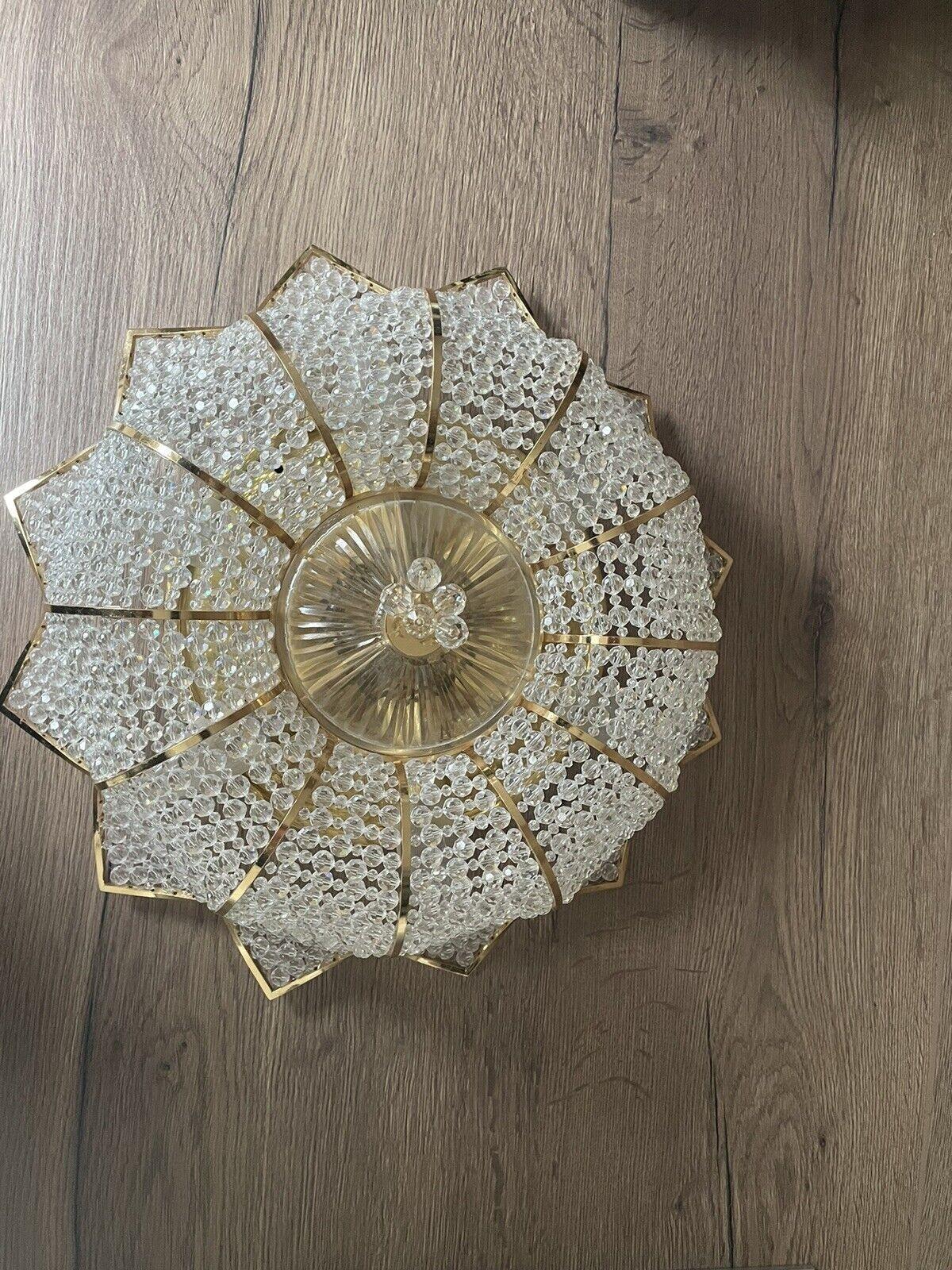 Mid-20th Century 1960s MCM  Cut Crystal Beaded Floral w/ 24K Framed Ceiling Flush Mount by Palwa For Sale