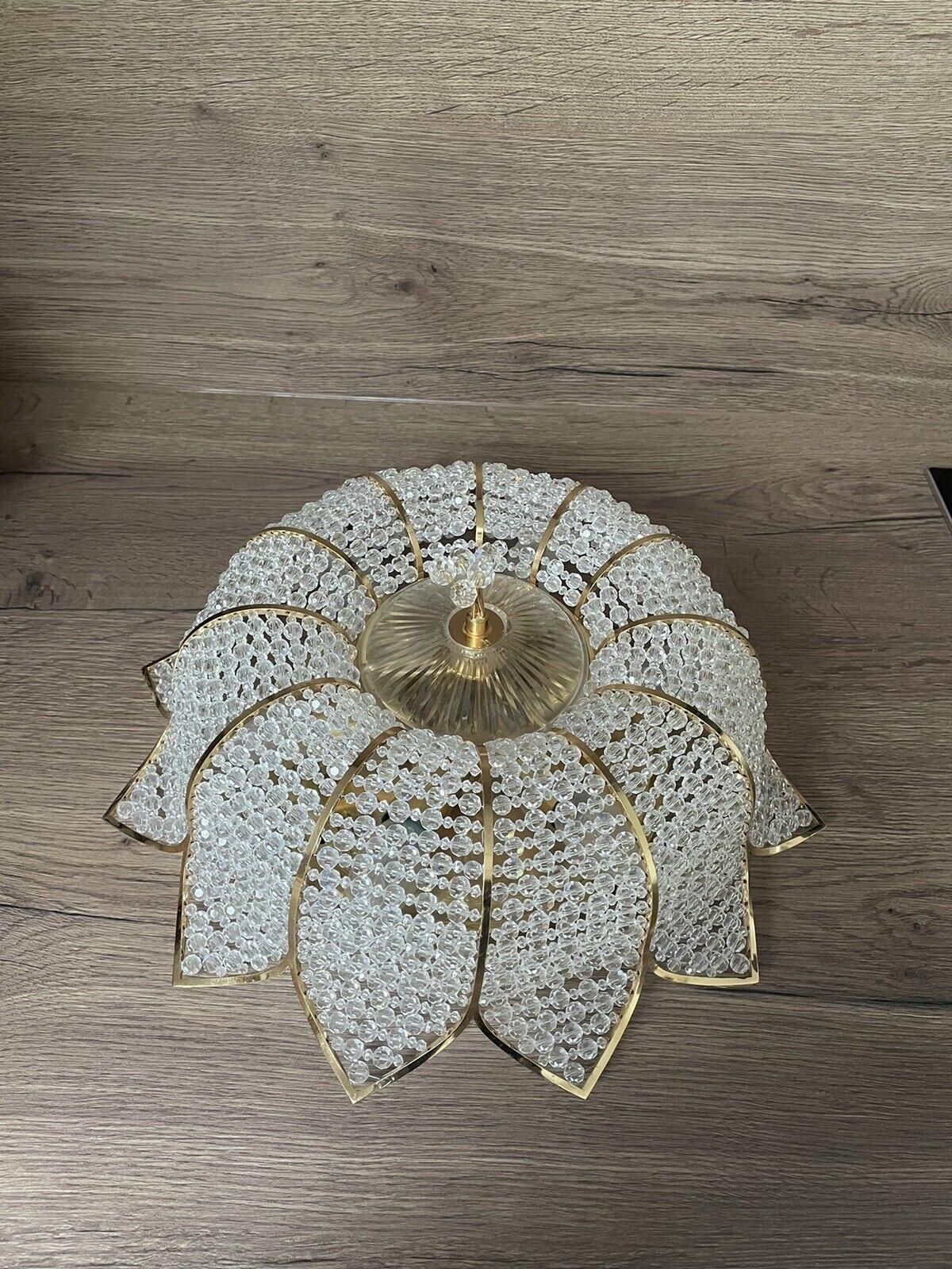 1960s MCM  Cut Crystal Beaded Floral w/ 24K Framed Ceiling Flush Mount by Palwa For Sale 1