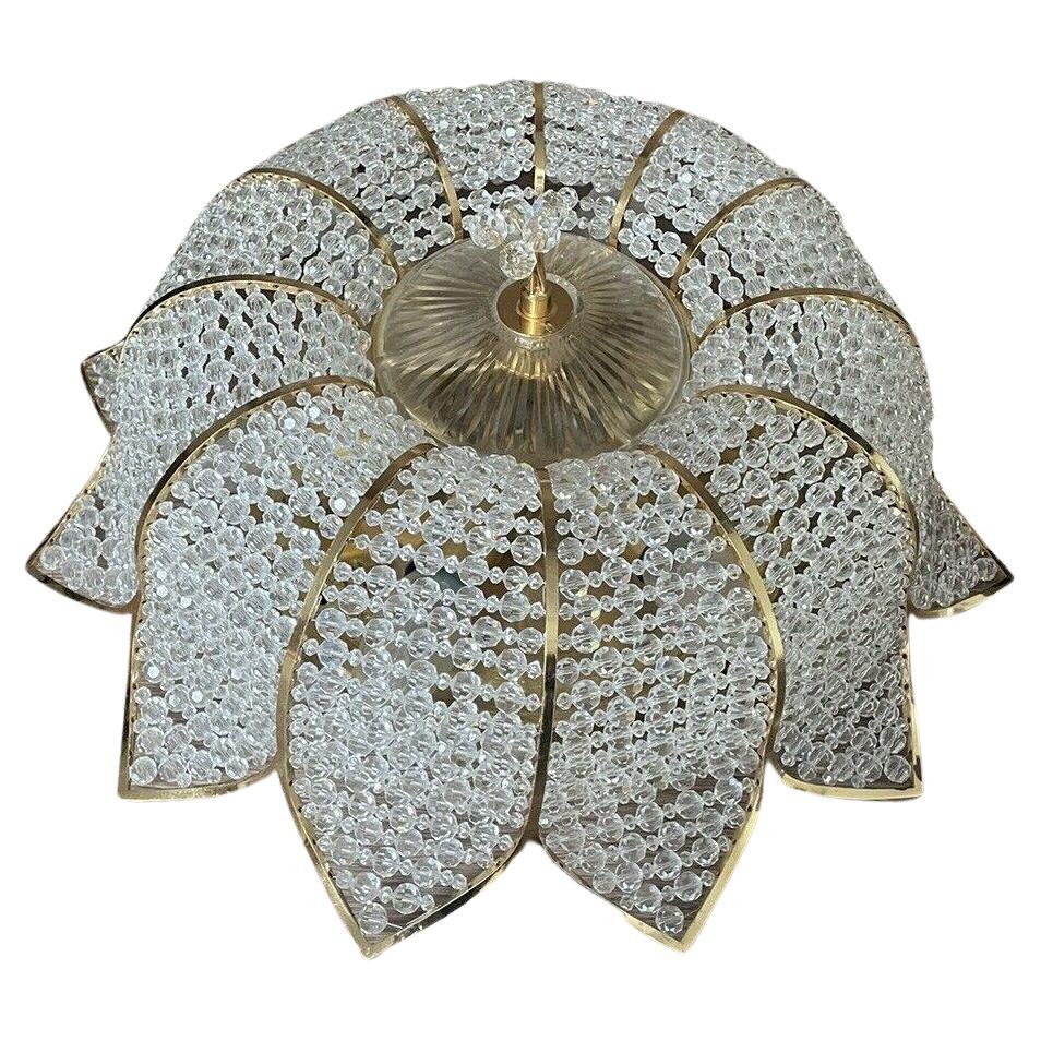 1960s MCM  Cut Crystal Beaded Floral w/ 24K Framed Ceiling Flush Mount by Palwa For Sale