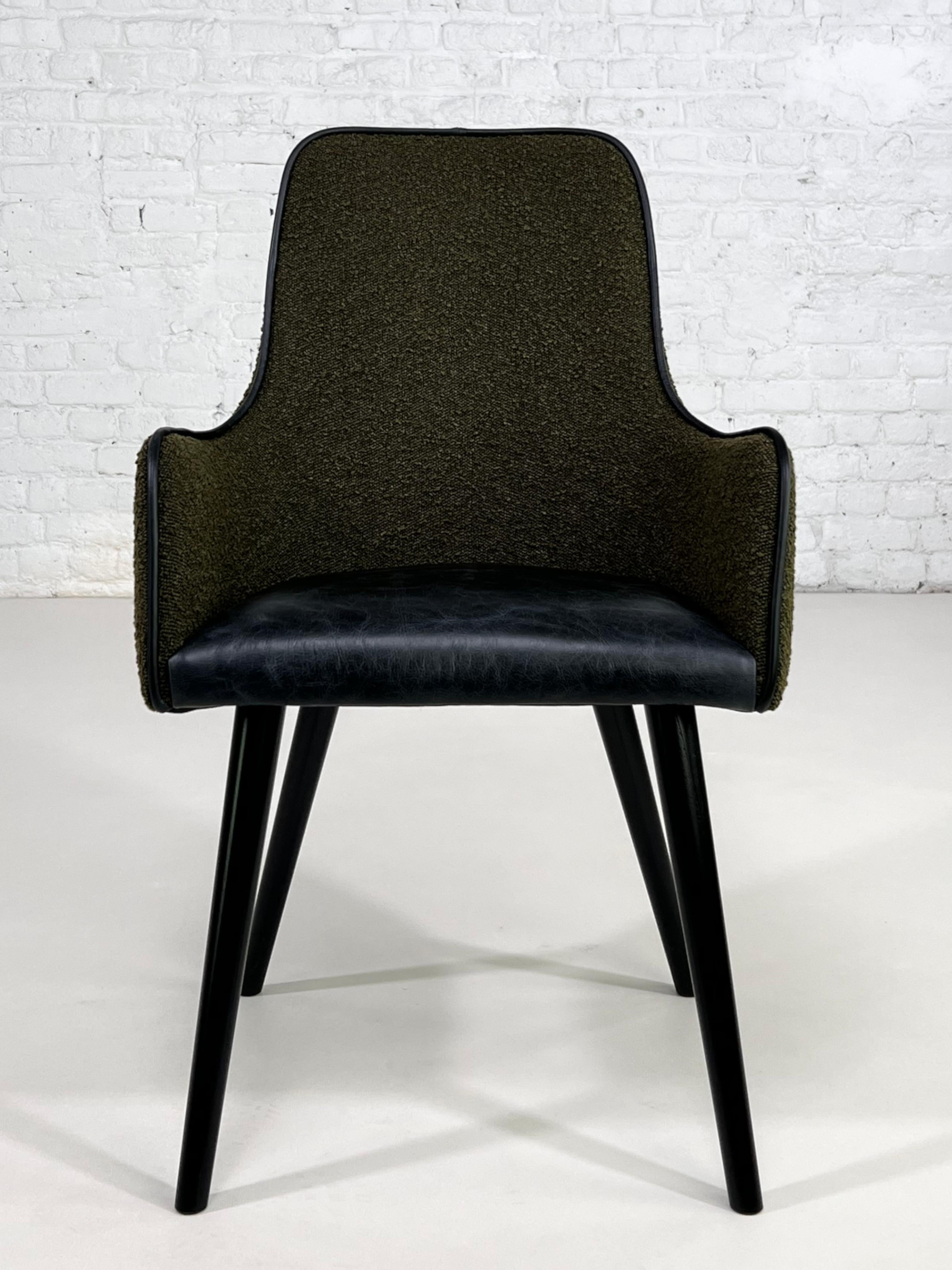 Mid-Century Modern 1960s MCM Design Style Green Bouclé Fabric and Black Leather Chair For Sale