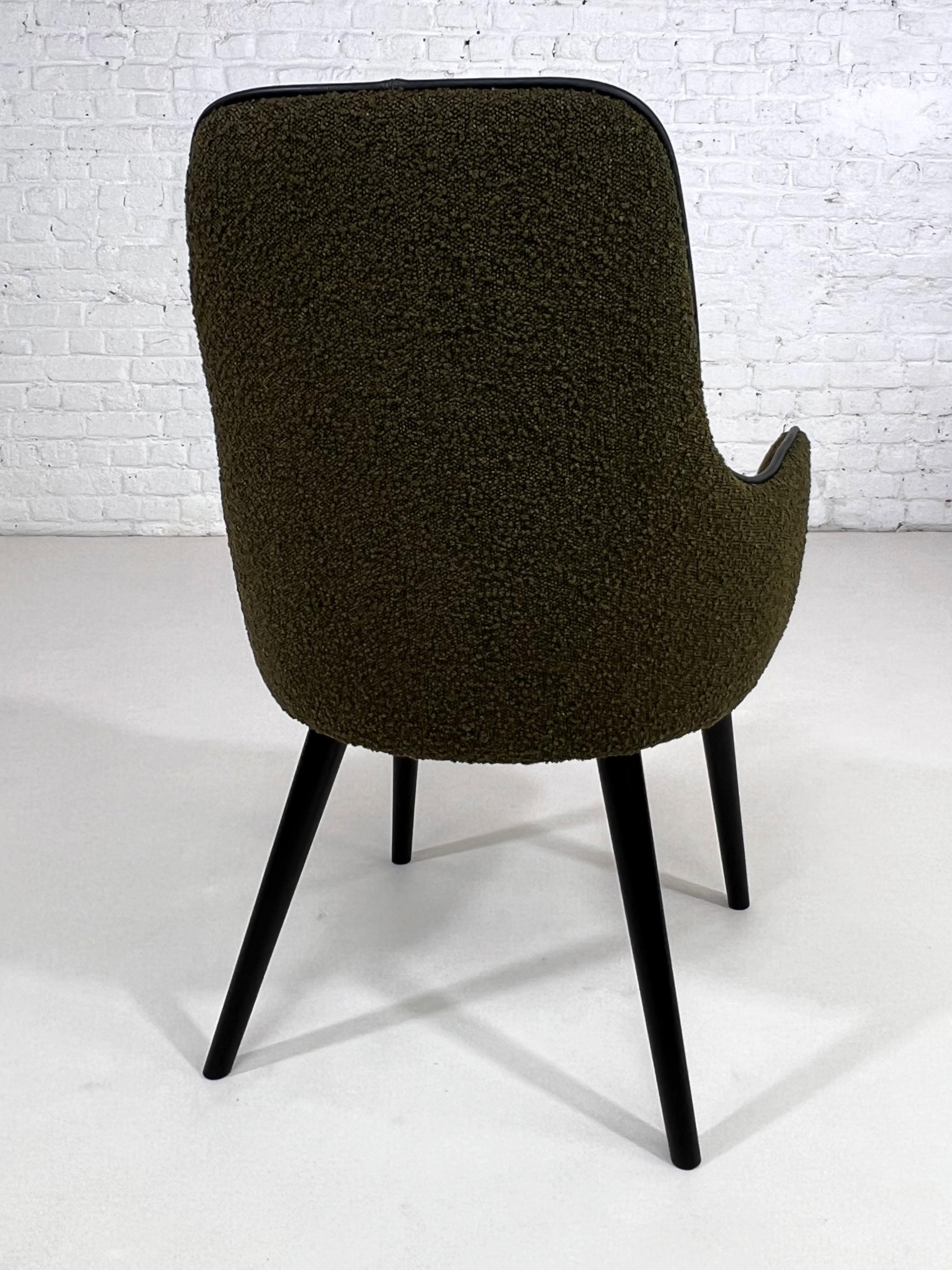 Contemporary 1960s MCM Design Style Green Bouclé Fabric and Black Leather Chair For Sale