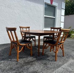 1960s MCM Drexel Round Dining Table and Rattan Chairs Set of 5