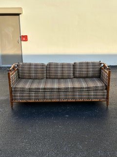 1960s MCM Faux Rattan Wood Pagoda Upholstered Daybed Sofa