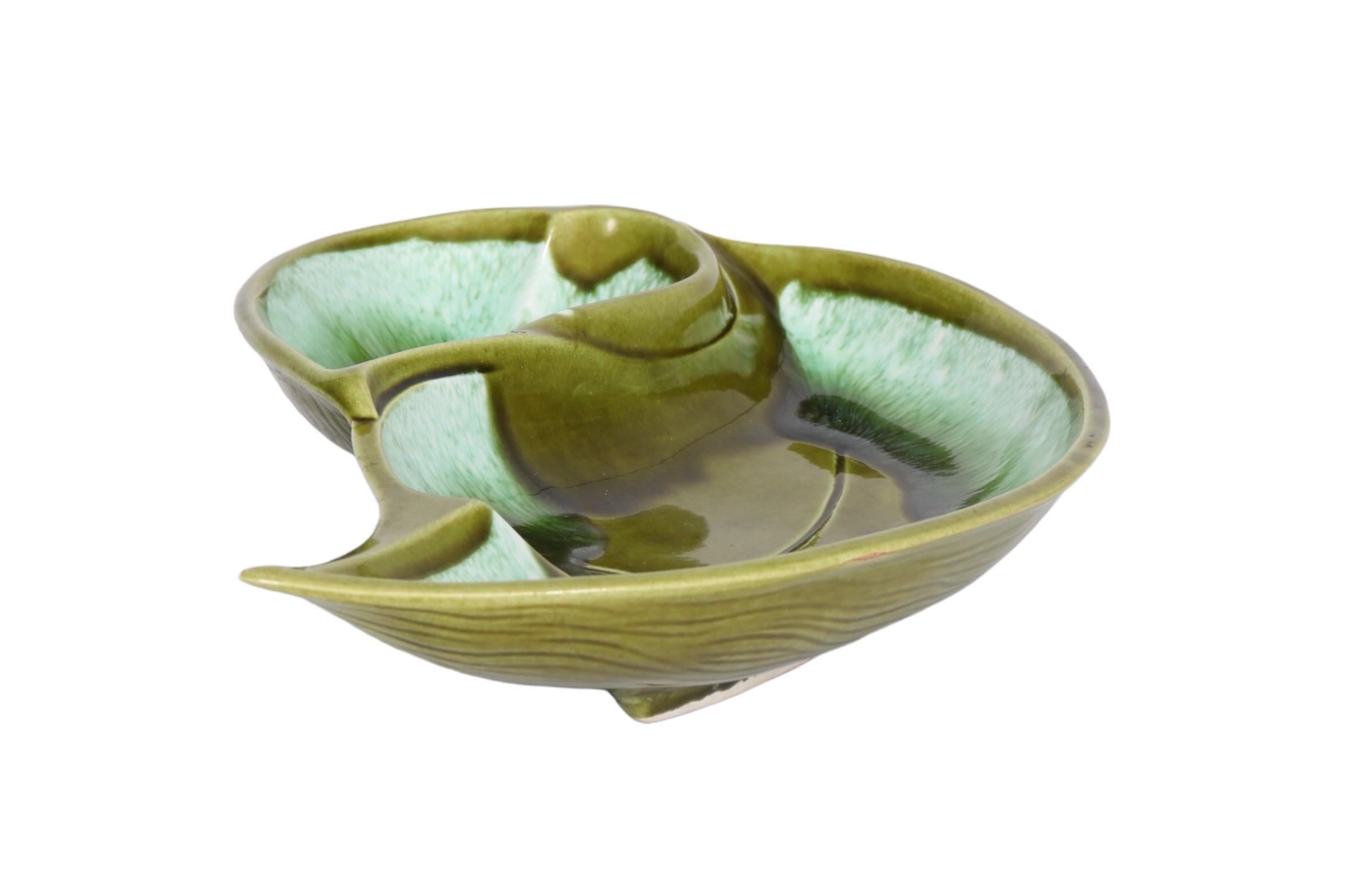 Mid-Century Modern 1960s MCM Green Drip Glaze Ceramic Serving Dish For Sale