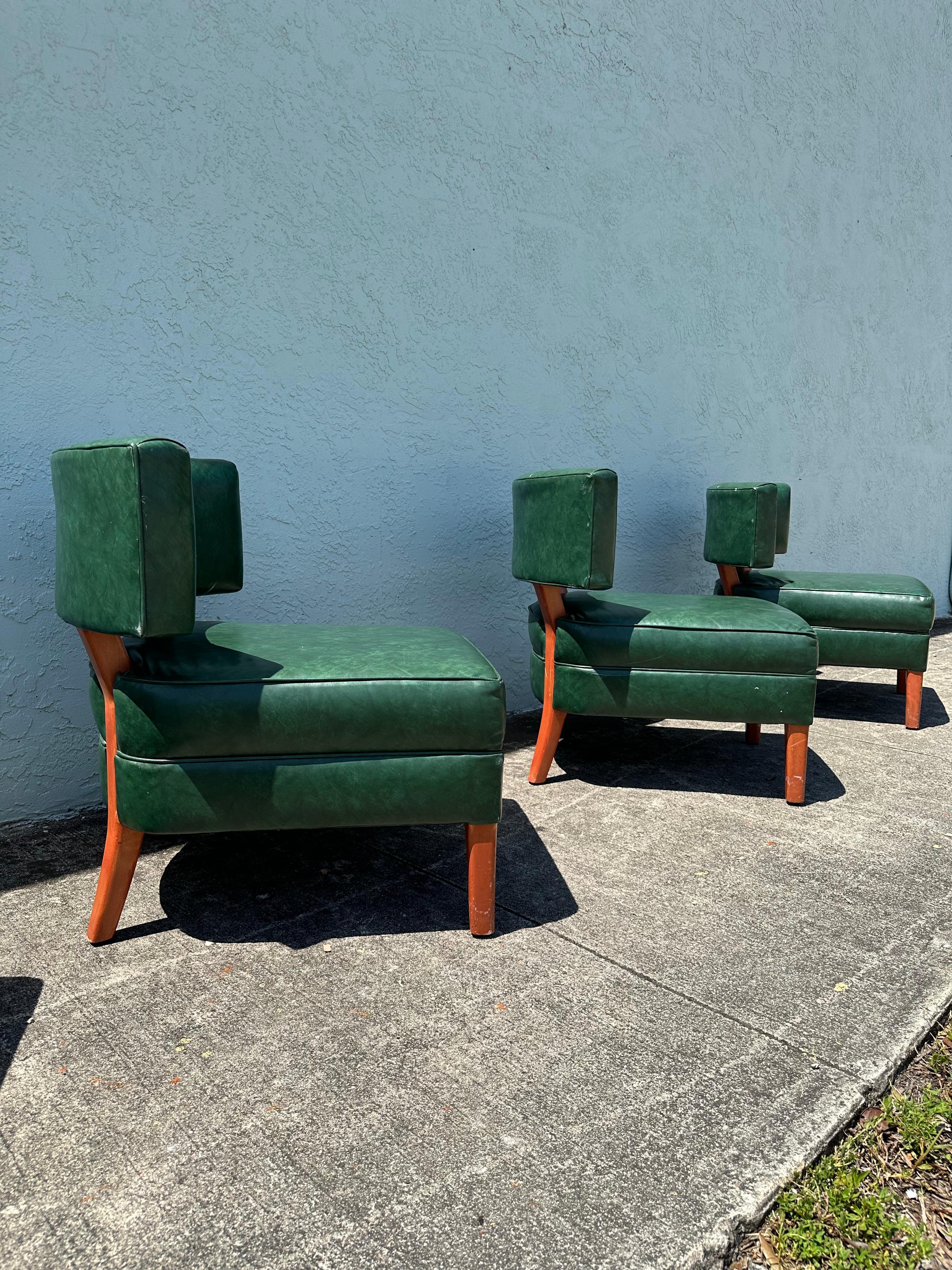 1960s MCM Green Vinyl Barrel Club Slipper Chairs, Set of 4 For Sale 3