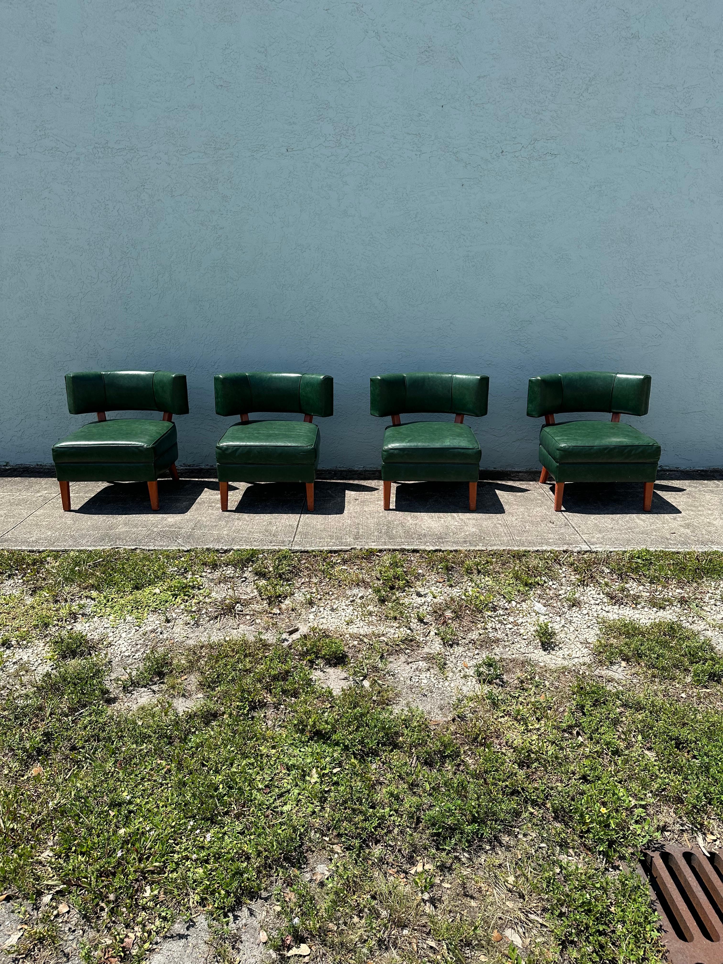 Mid-Century Modern 1960s MCM Green Vinyl Barrel Club Slipper Chairs, Set of 4 For Sale