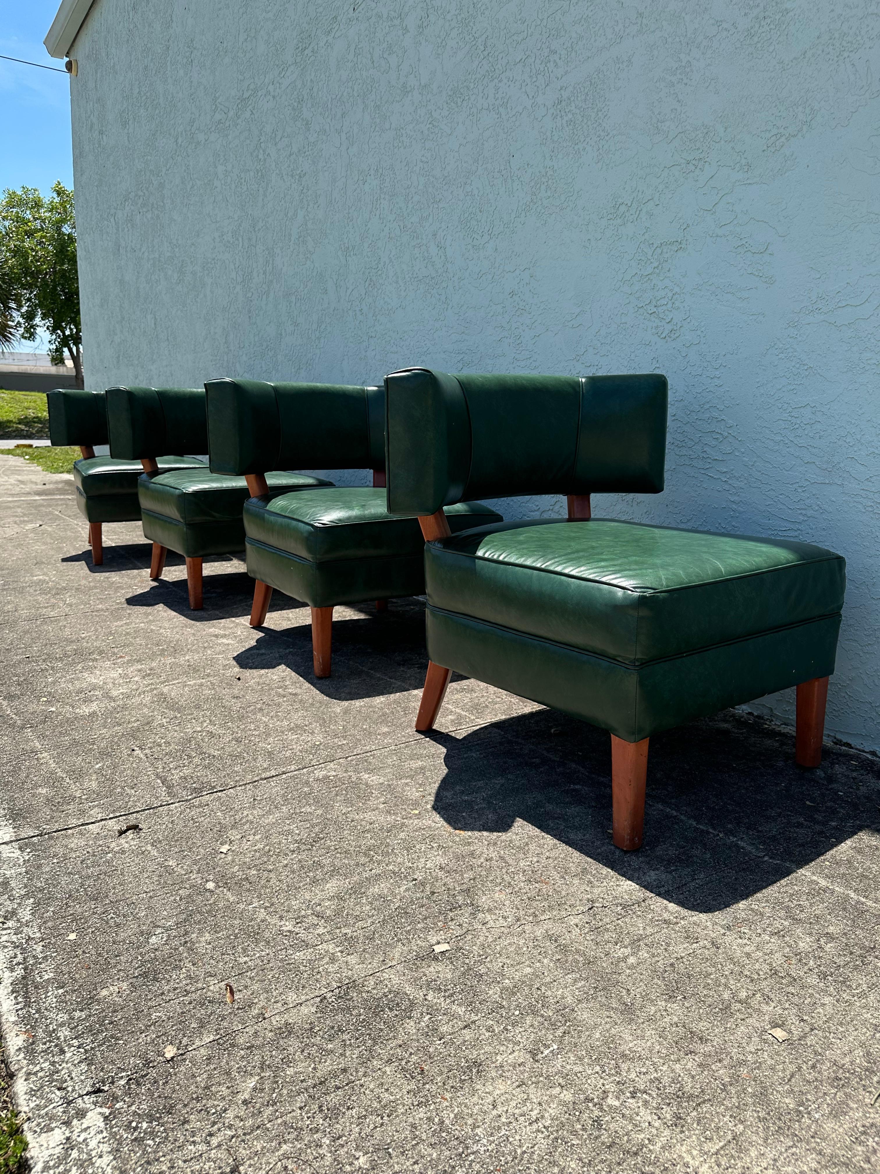 European 1960s MCM Green Vinyl Barrel Club Slipper Chairs, Set of 4 For Sale
