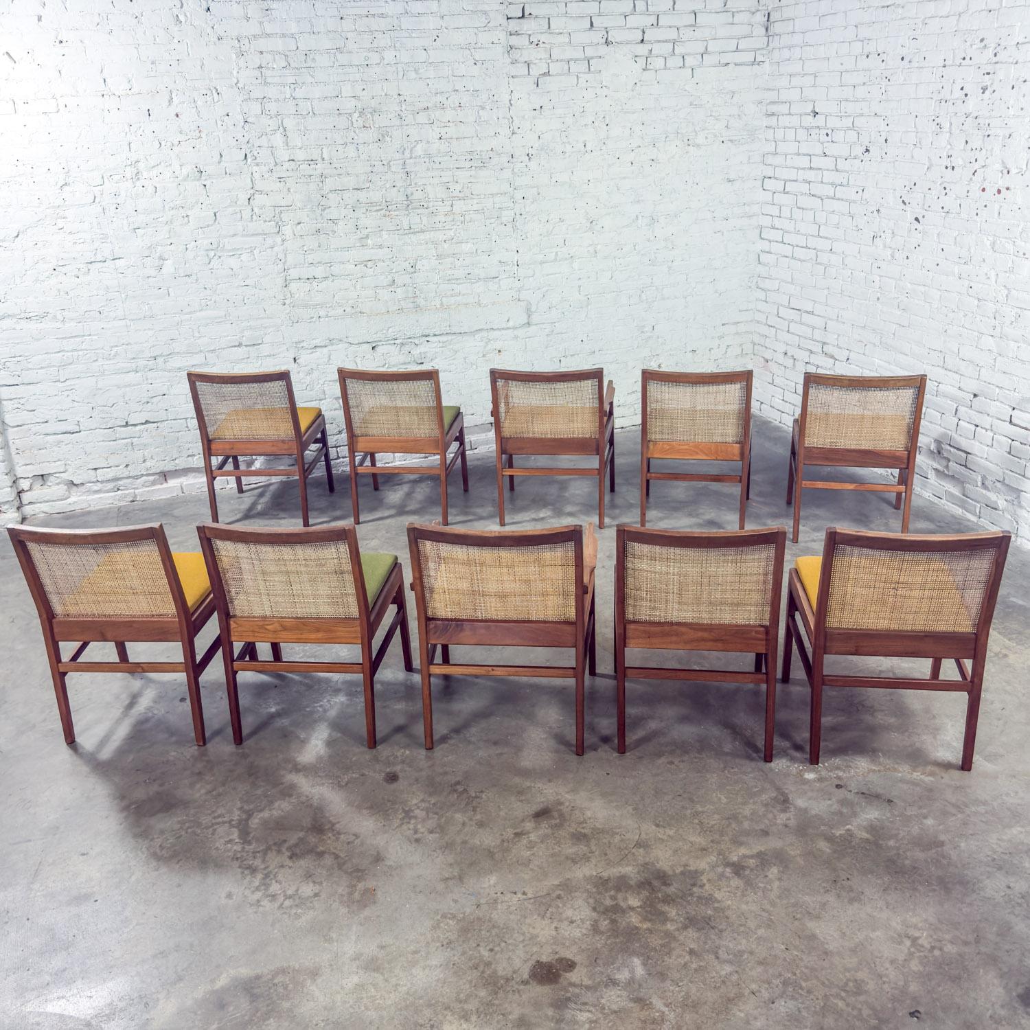 1960's MCM Hibriten Set of 10 Walnut & Cane Dining Chairs 2 Armed & 8 Side 8