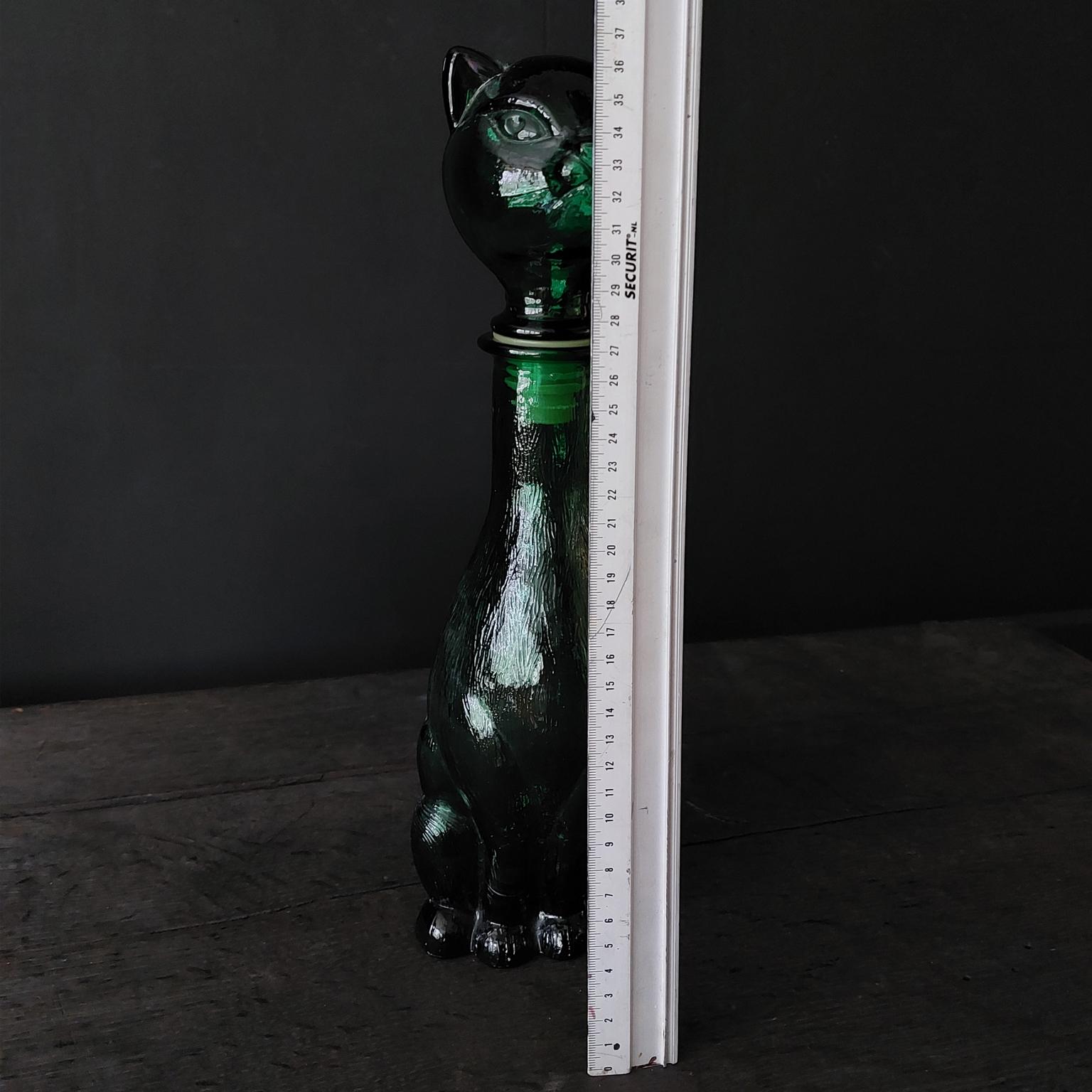 Mid-Century Modern 1960s MCM Italian Empoli Green Glass Cat Bottle For Sale