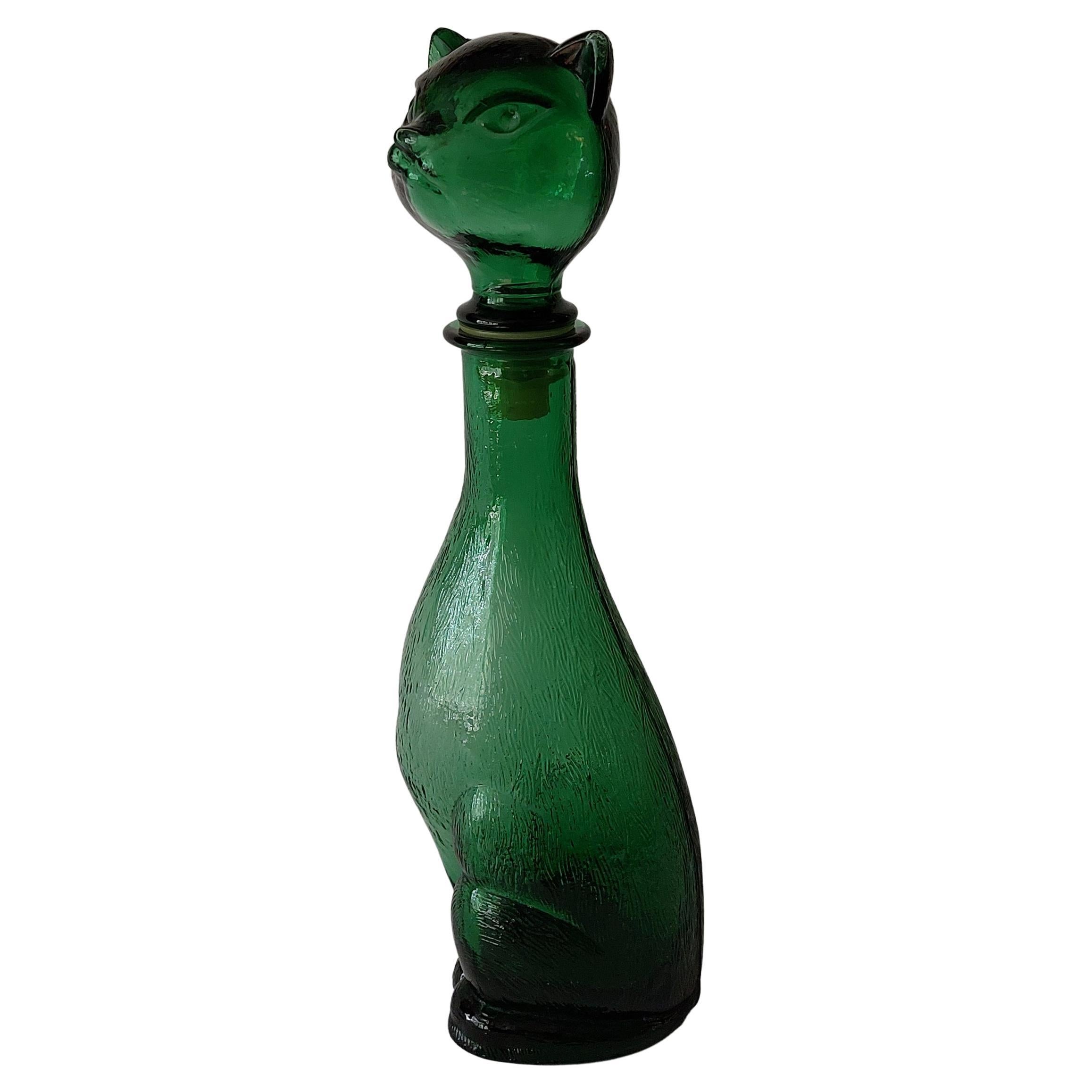 1960s MCM Italian Empoli Green Glass Cat Bottle For Sale