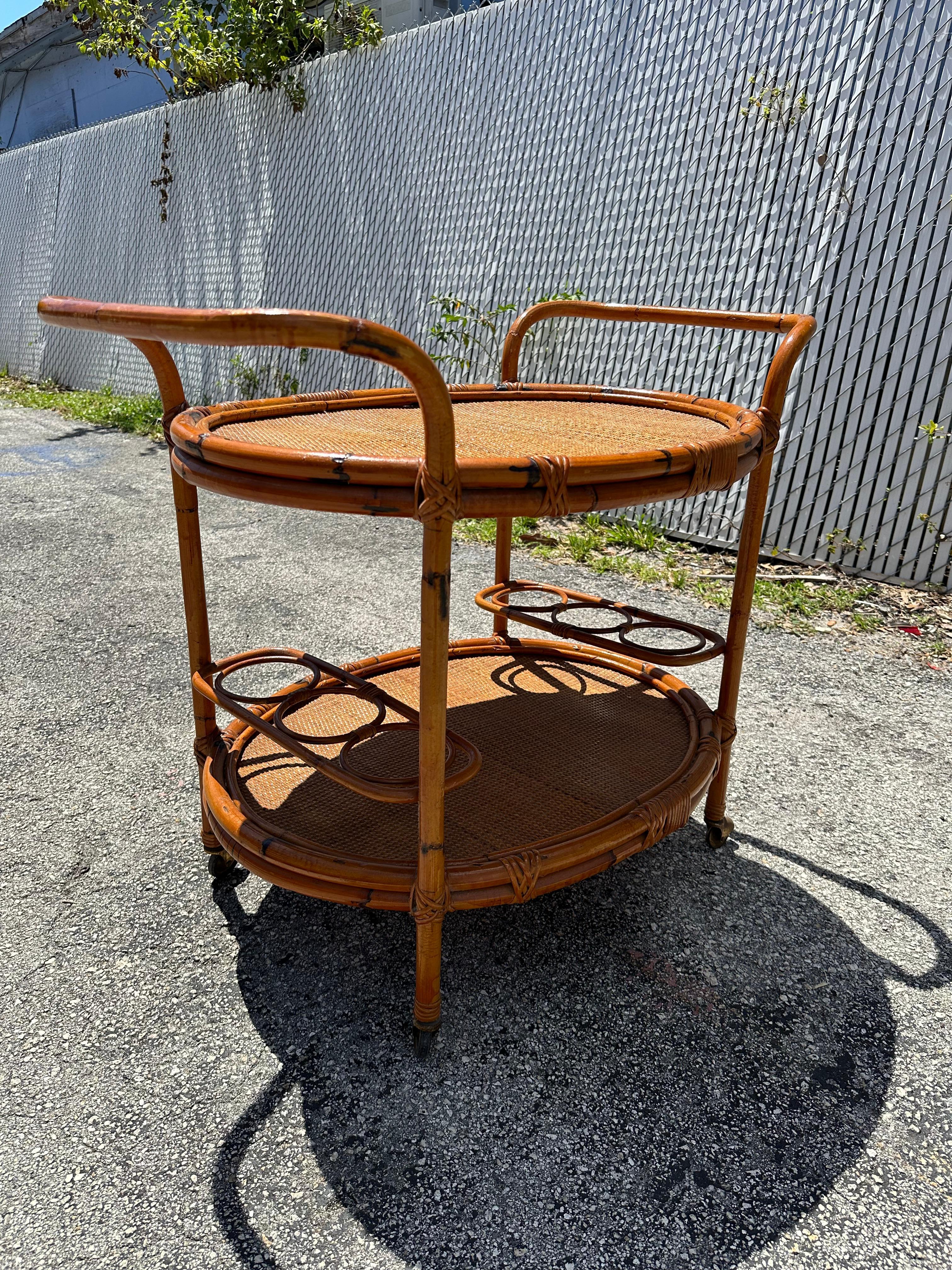 1960s MCM Oval Bent Rattan Cane Bar Cart Table For Sale 4