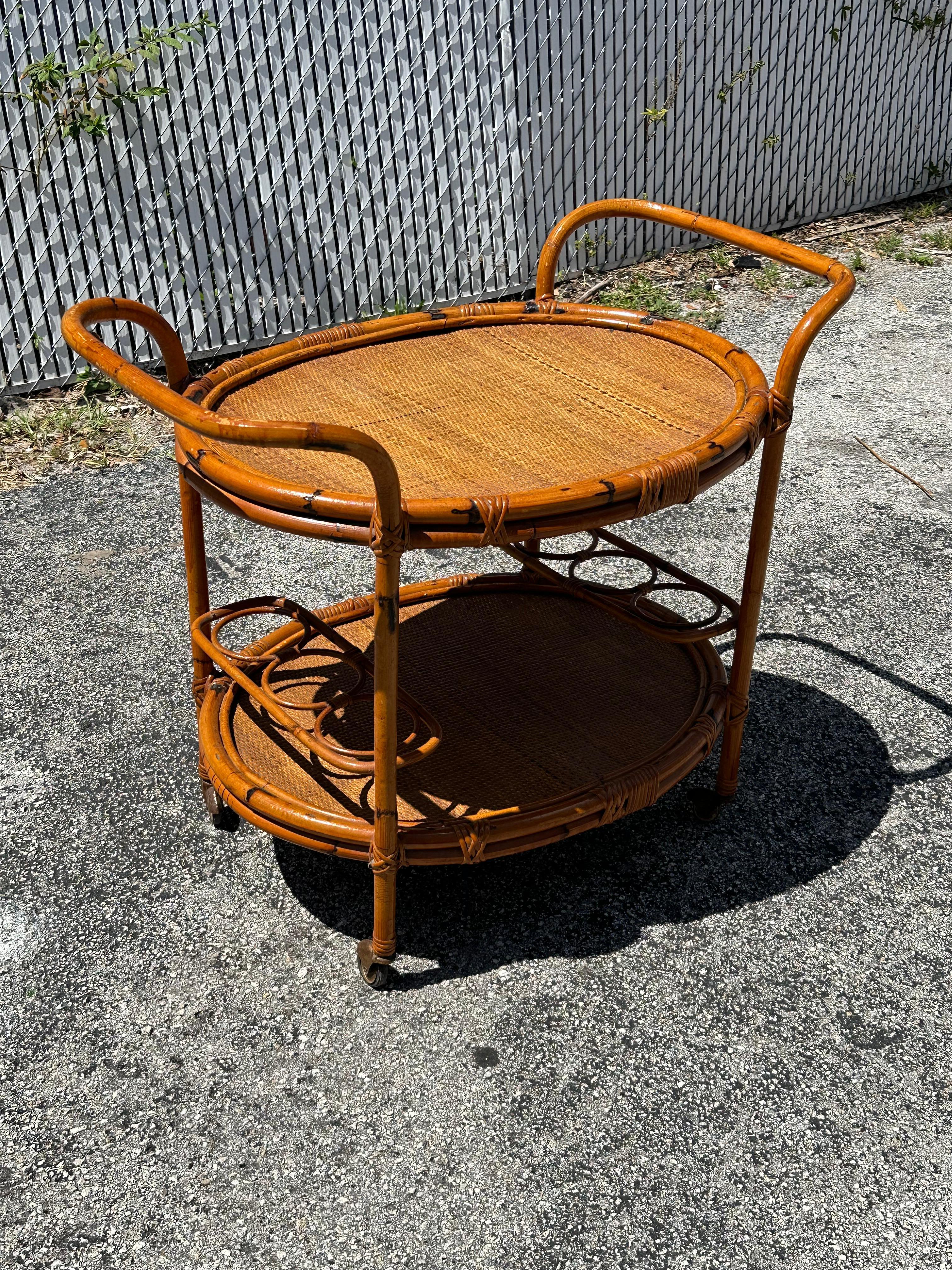 Mid-Century Modern 1960s MCM Oval Bent Rattan Cane Bar Cart Table For Sale