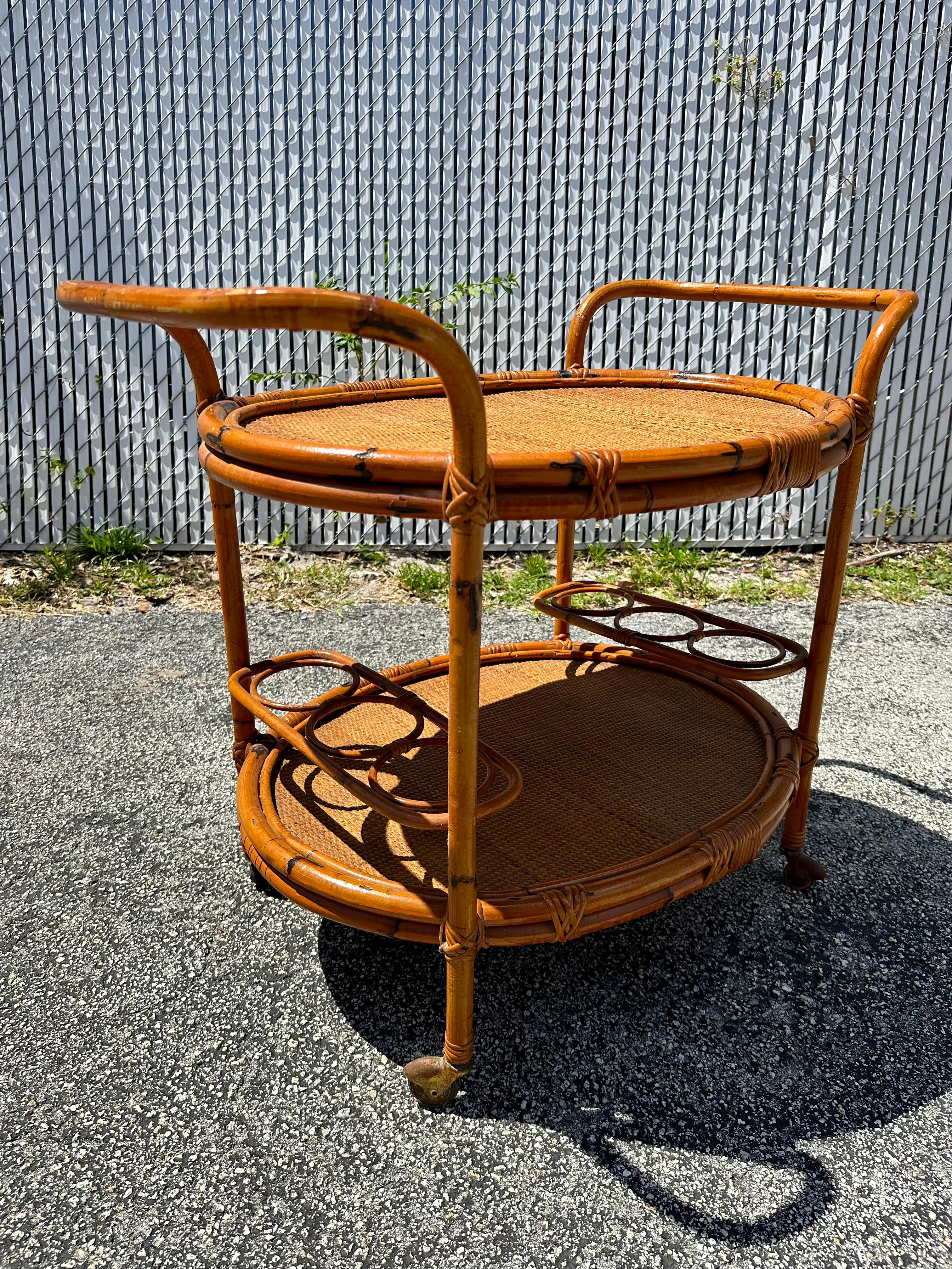 Italian 1960s MCM Oval Bent Rattan Cane Bar Cart Table For Sale