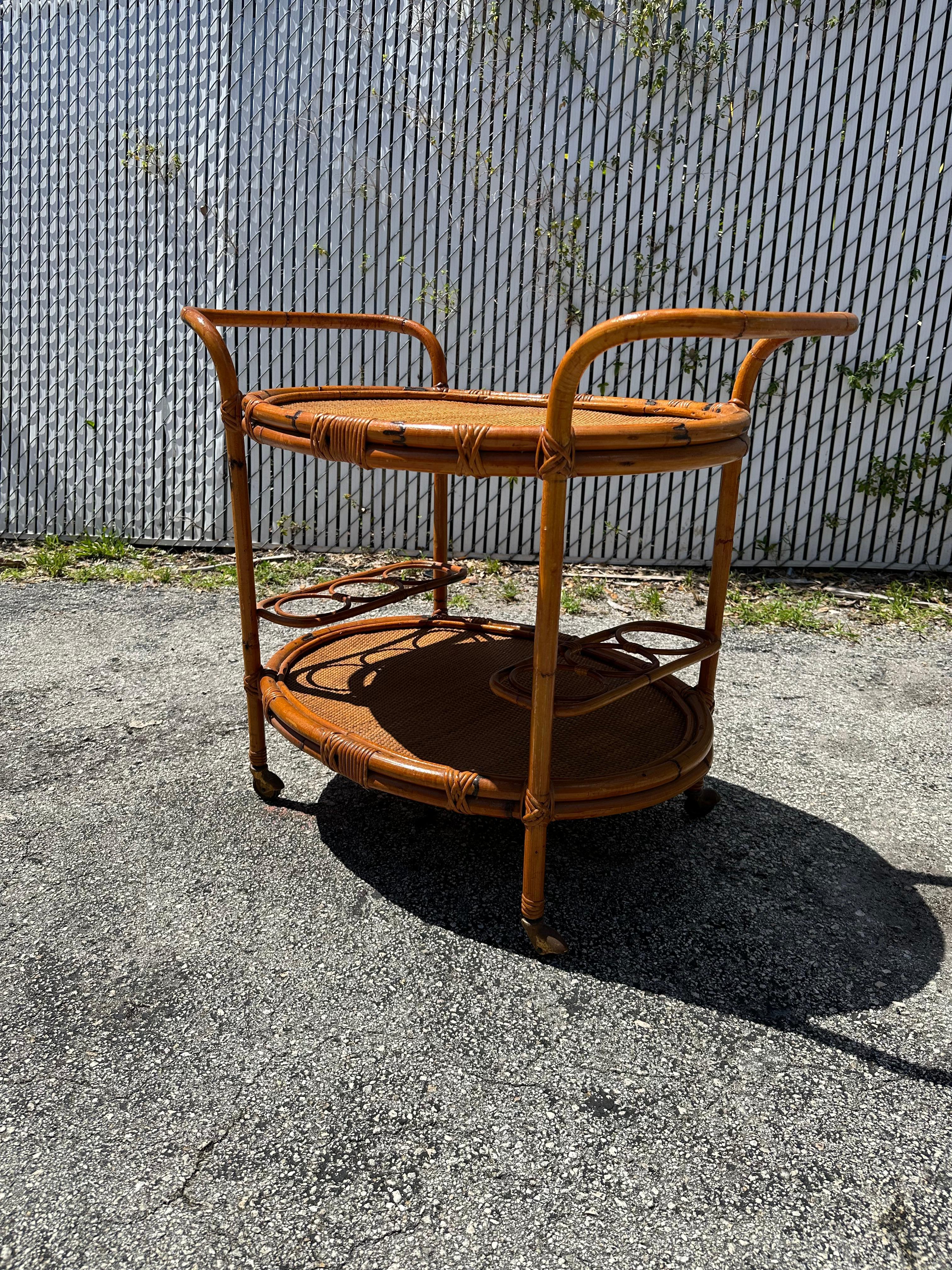 Mid-20th Century 1960s MCM Oval Bent Rattan Cane Bar Cart Table For Sale