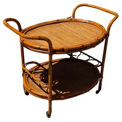 1960s MCM Oval Bent Rattan Cane Bar Cart Table