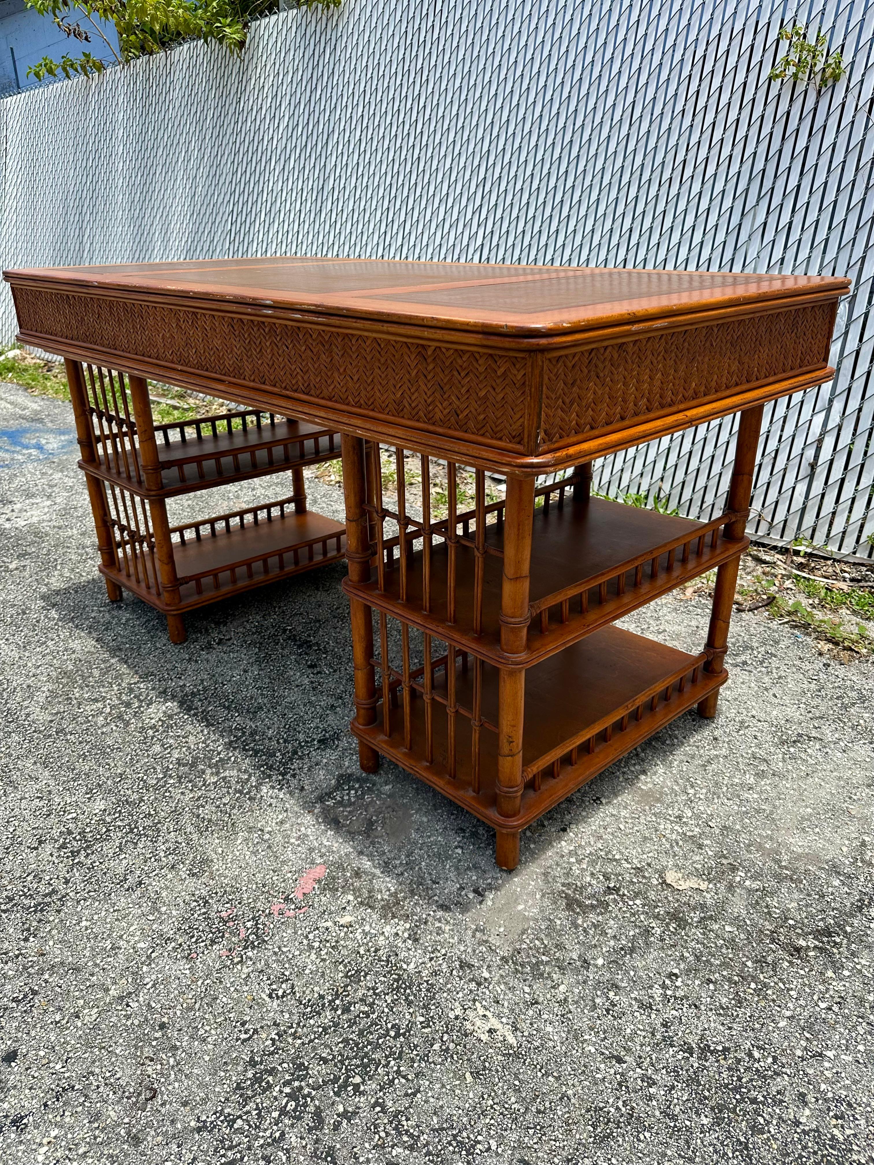 1960s MCM Rattan Wood Leather Top Desk 5