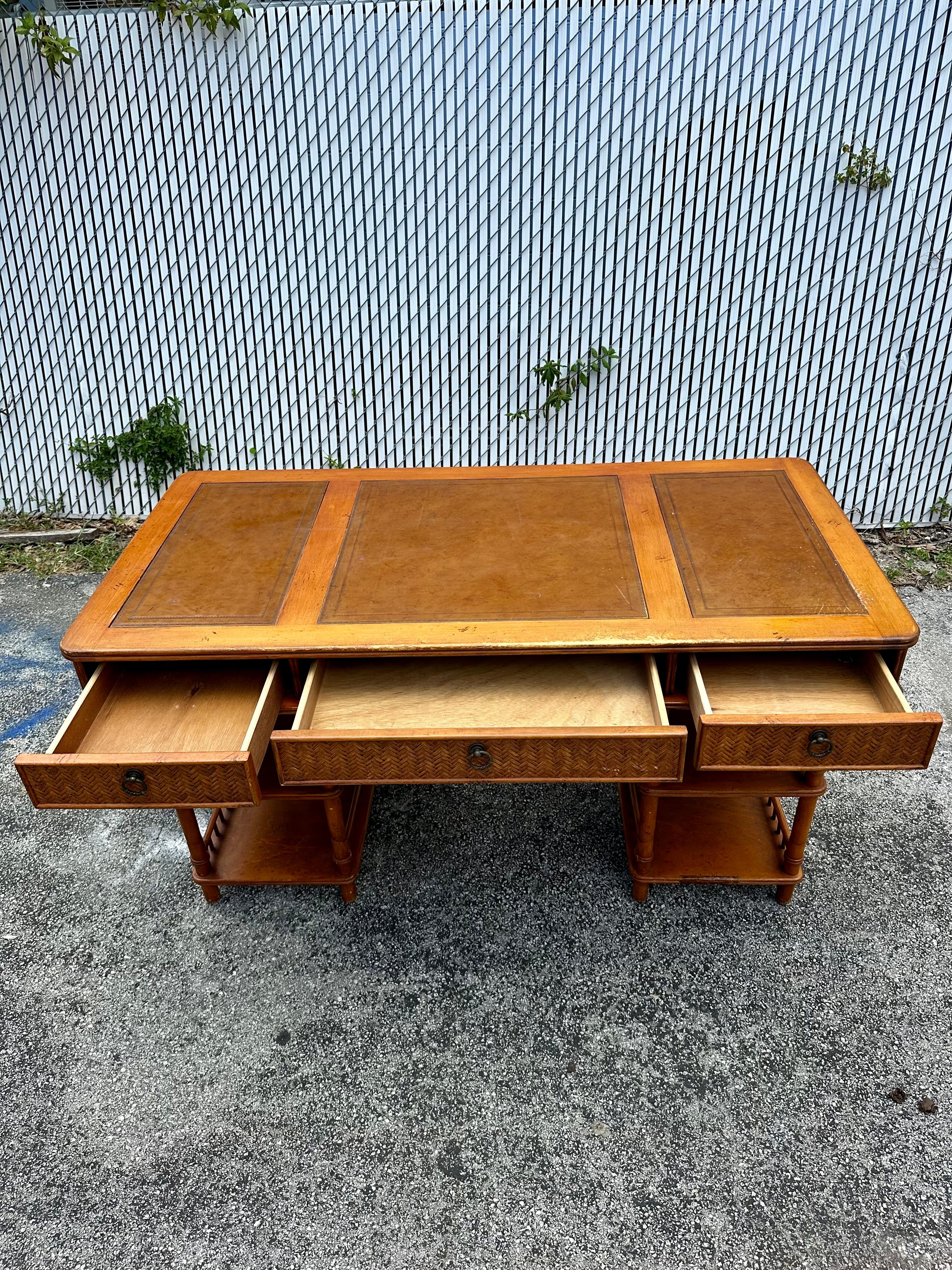 1960s MCM Rattan Wood Leather Top Desk 13
