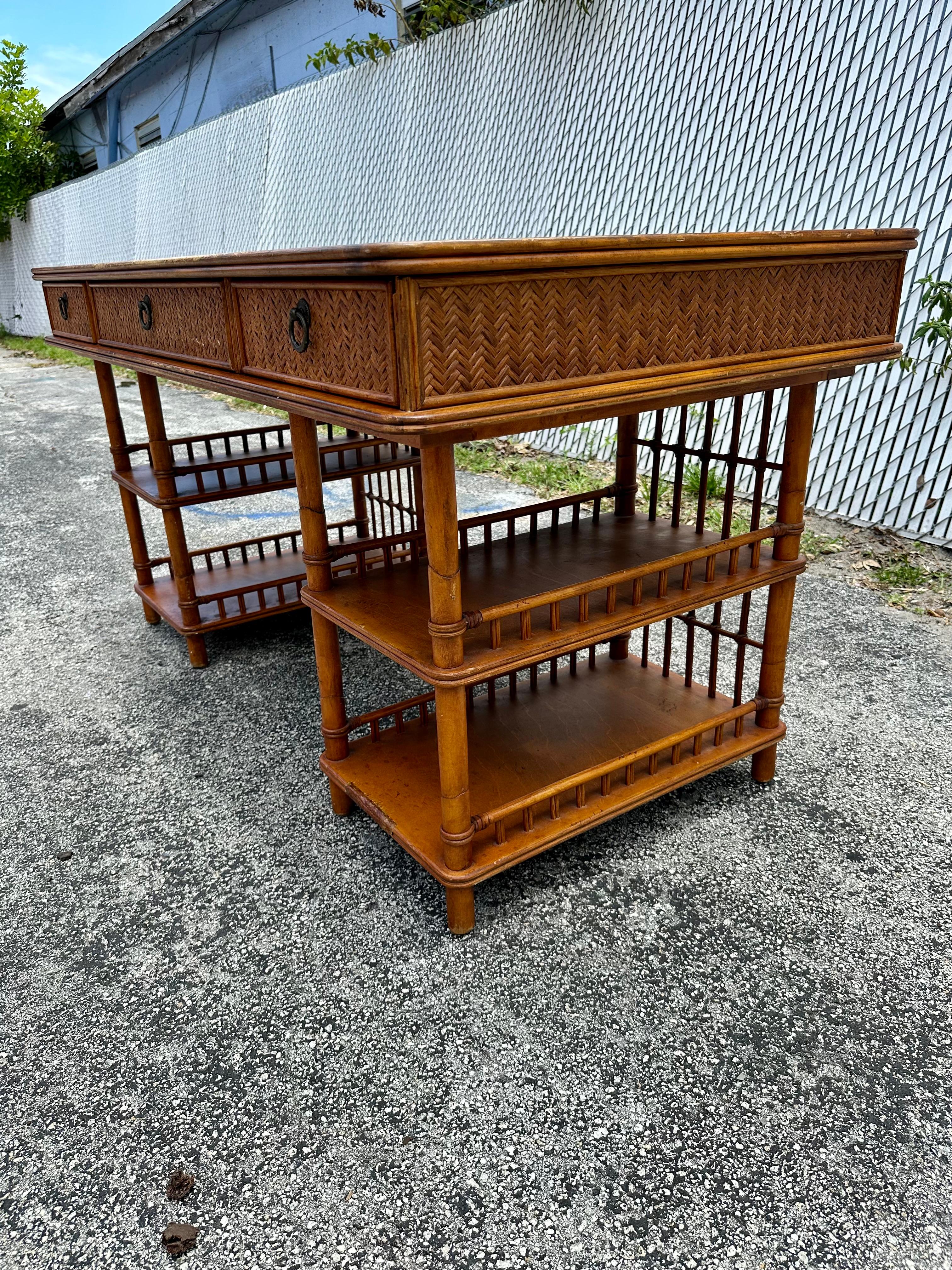 Mid-Century Modern 1960s MCM Rattan Wood Leather Top Desk