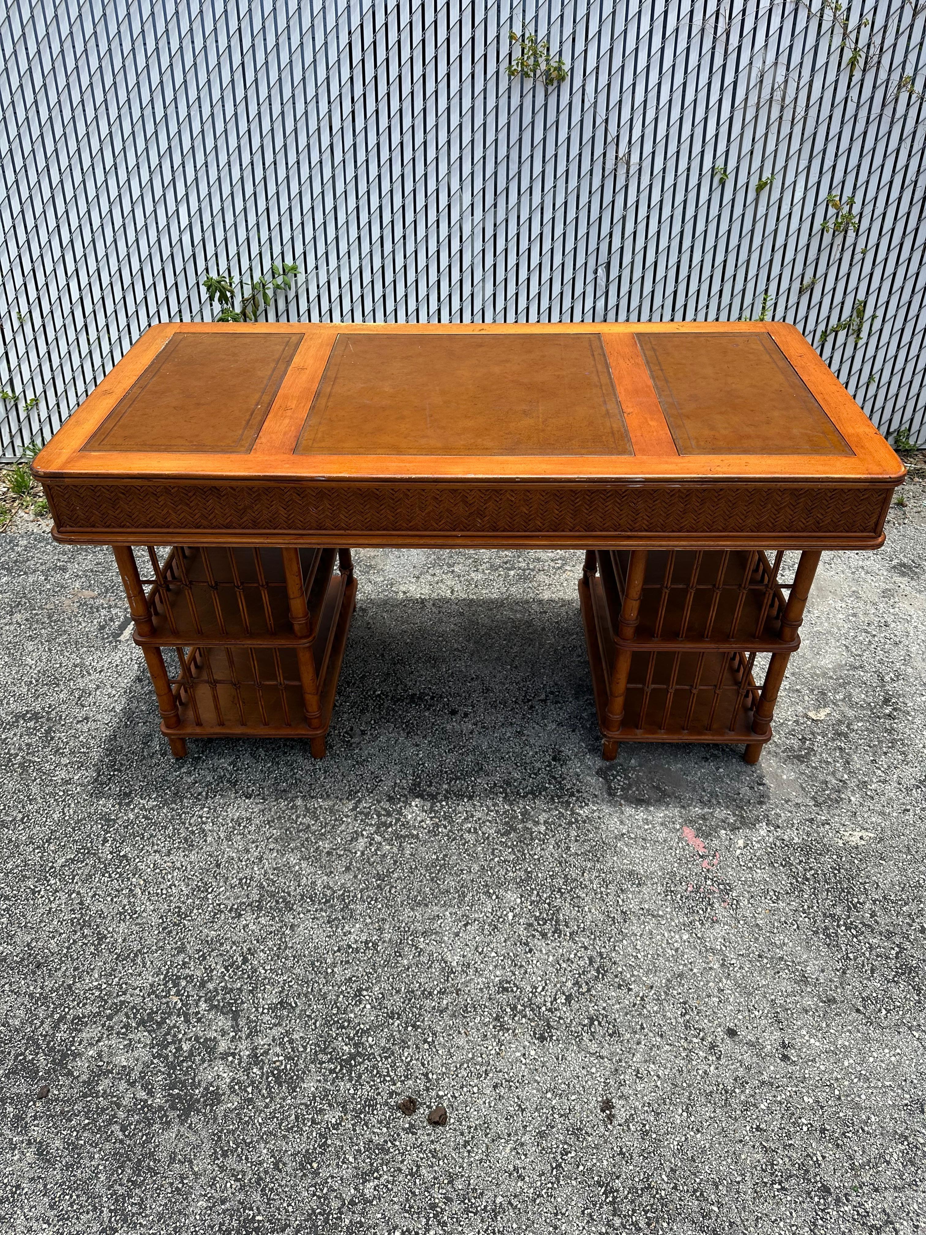1960s MCM Rattan Wood Leather Top Desk In Good Condition In Fort Lauderdale, FL