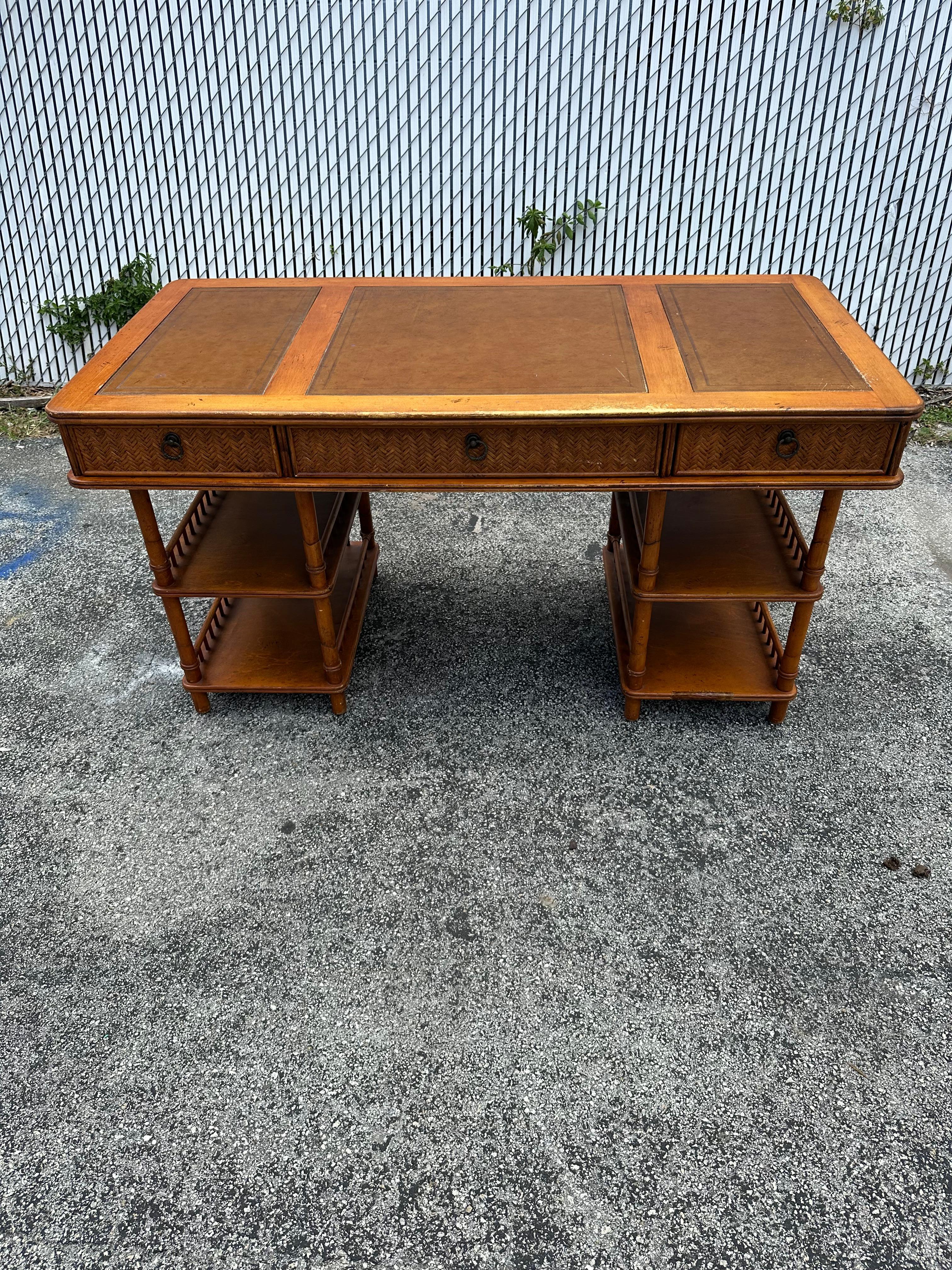 Mid-20th Century 1960s MCM Rattan Wood Leather Top Desk