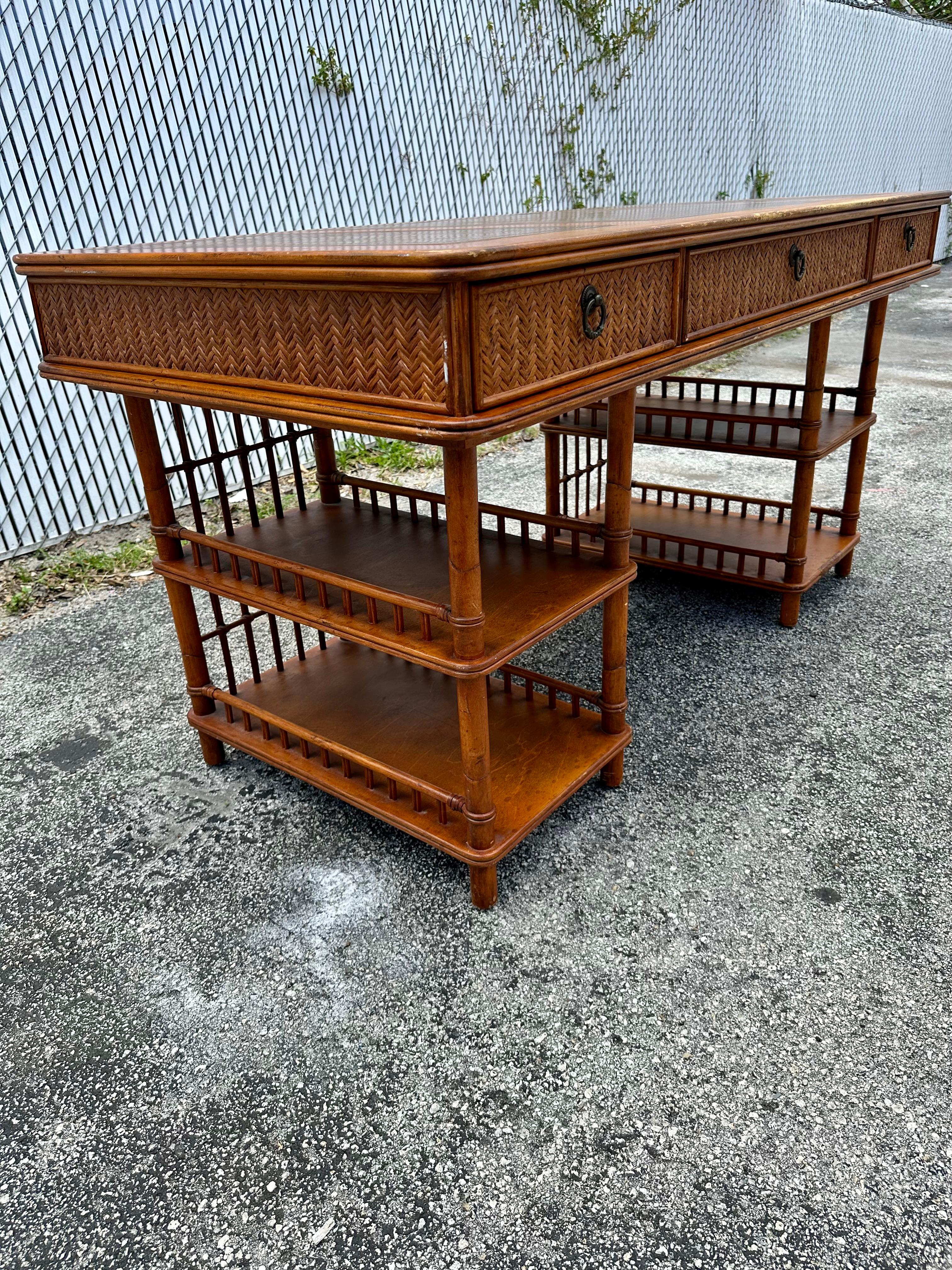 1960s MCM Rattan Wood Leather Top Desk 1