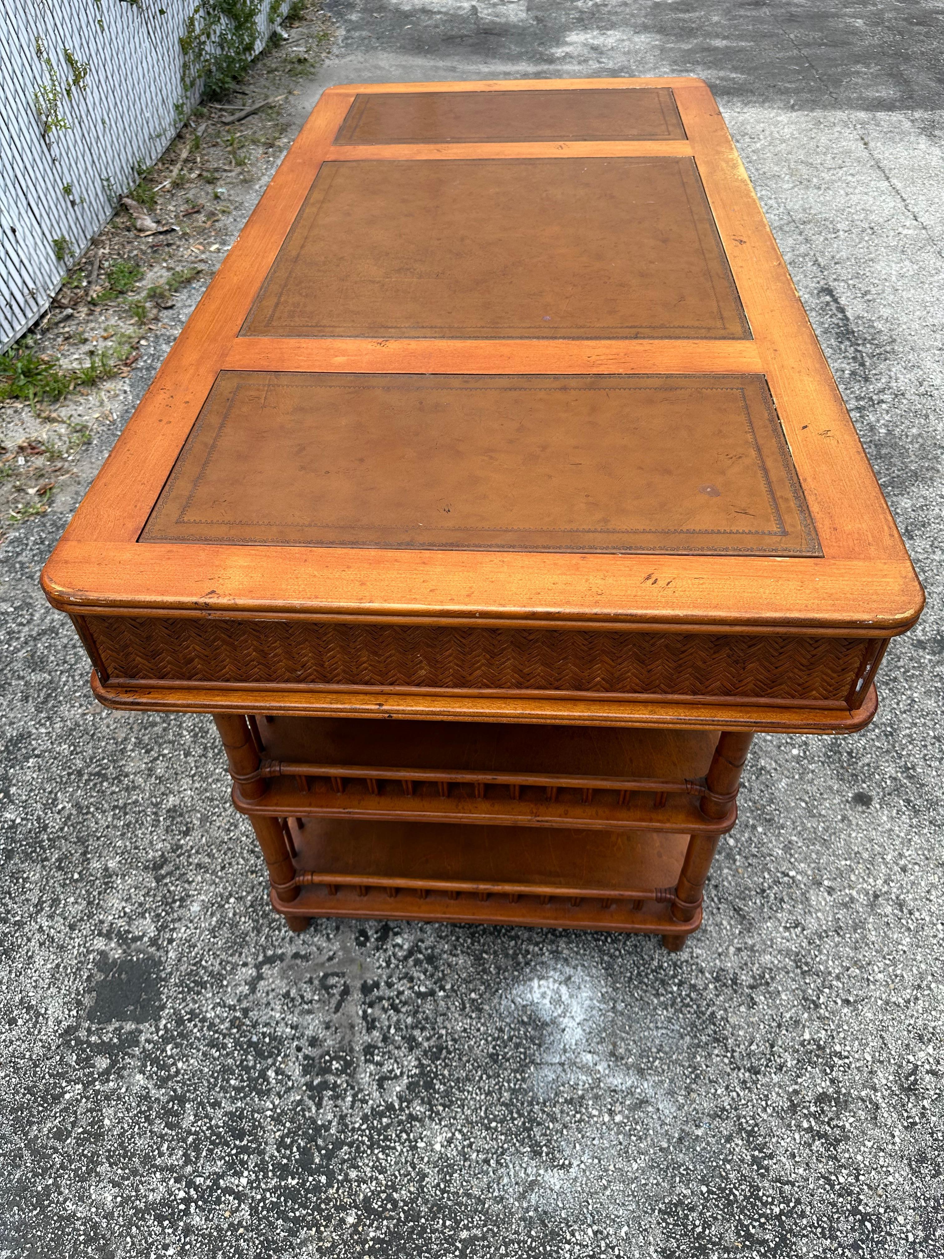 1960s MCM Rattan Wood Leather Top Desk 2