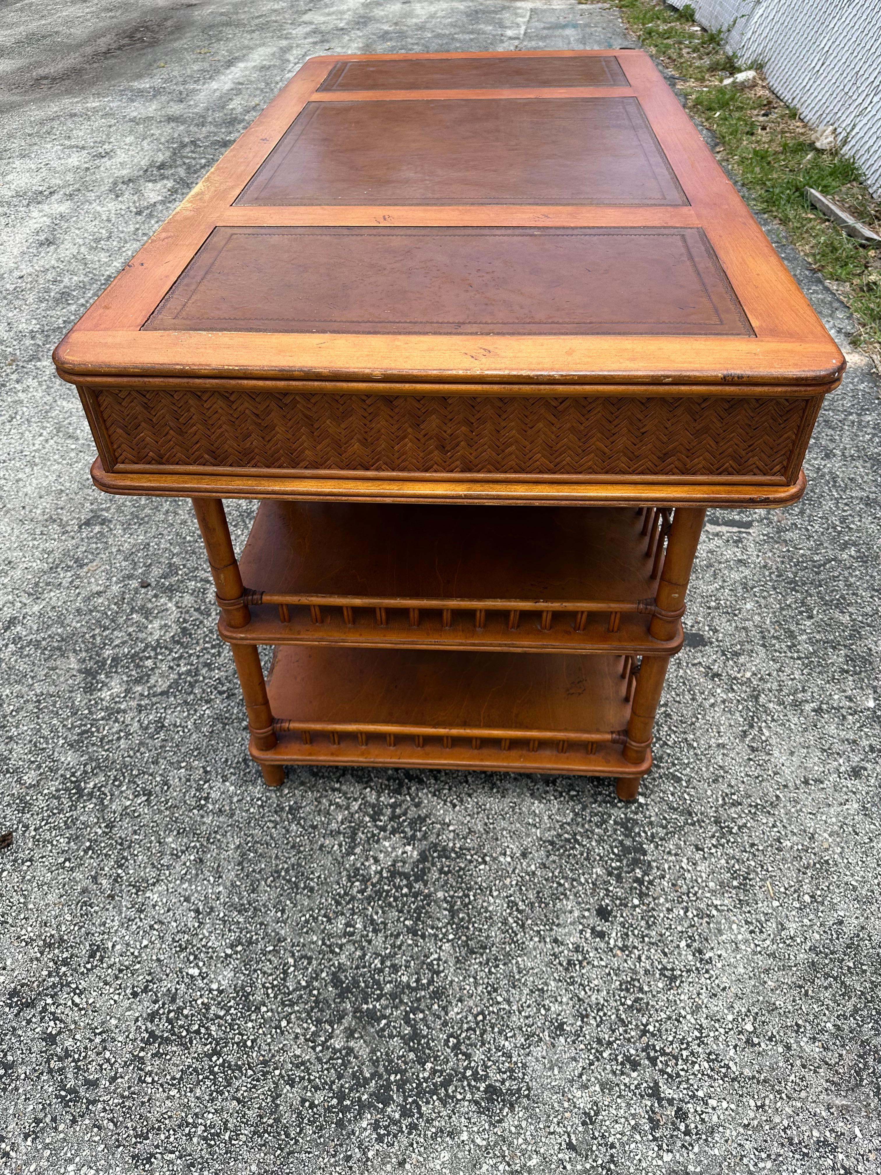 1960s MCM Rattan Wood Leather Top Desk 3