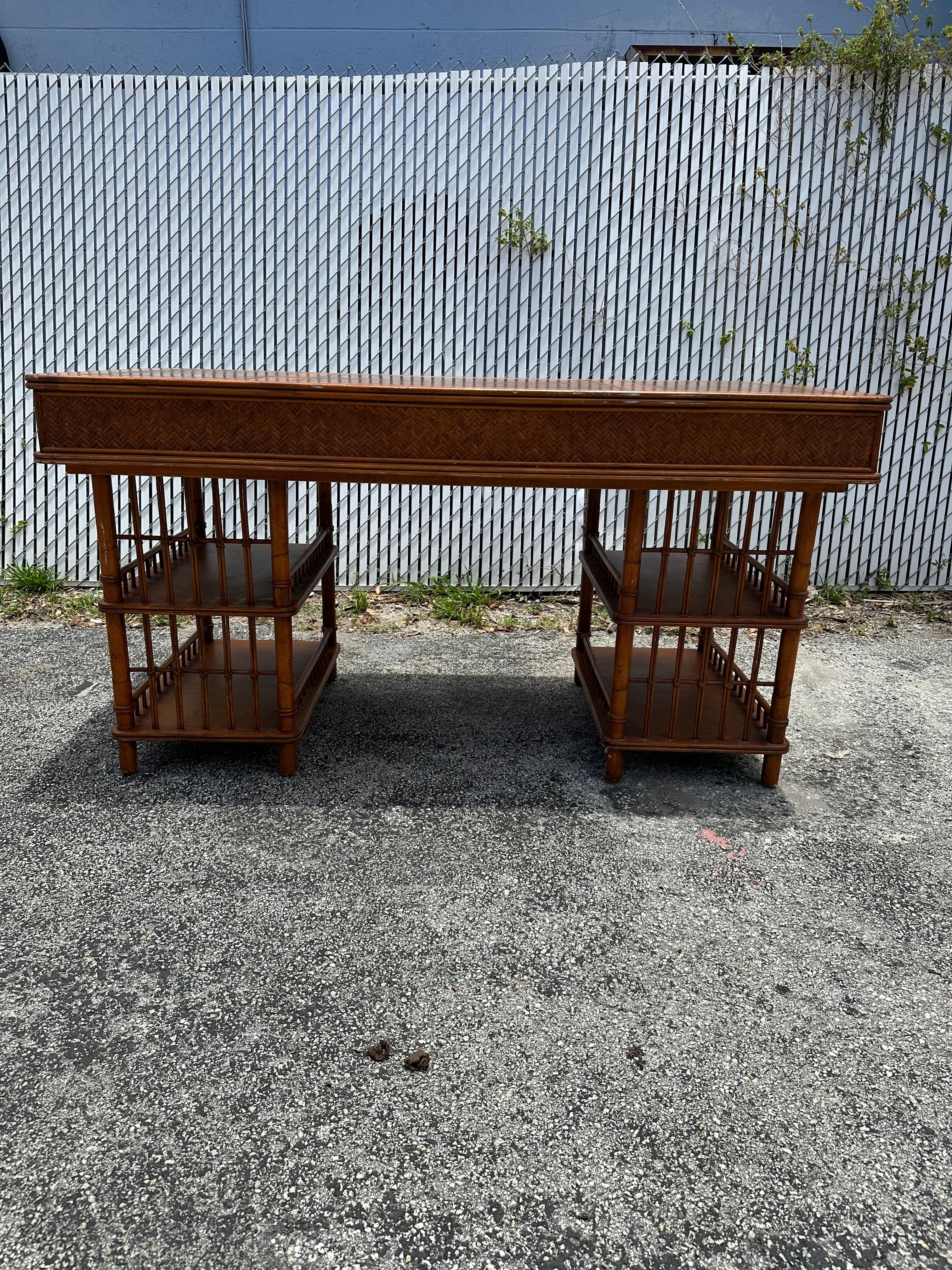 1960s MCM Rattan Wood Leather Top Desk 4