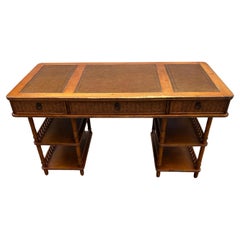 1960s MCM Rattan Wood Leather Top Desk
