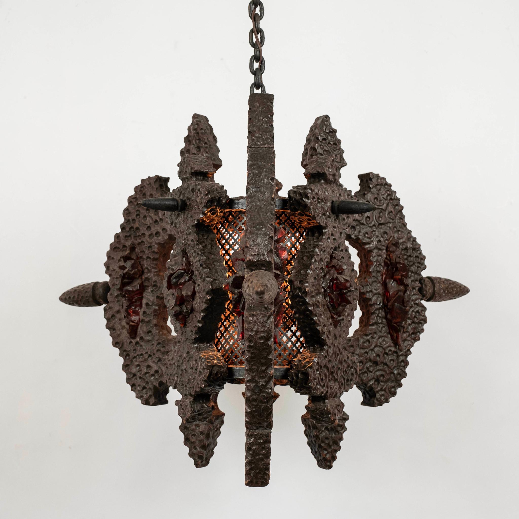 1960s Medieval Revival Wood Resin Pendant Light In Good Condition For Sale In Houston, TX
