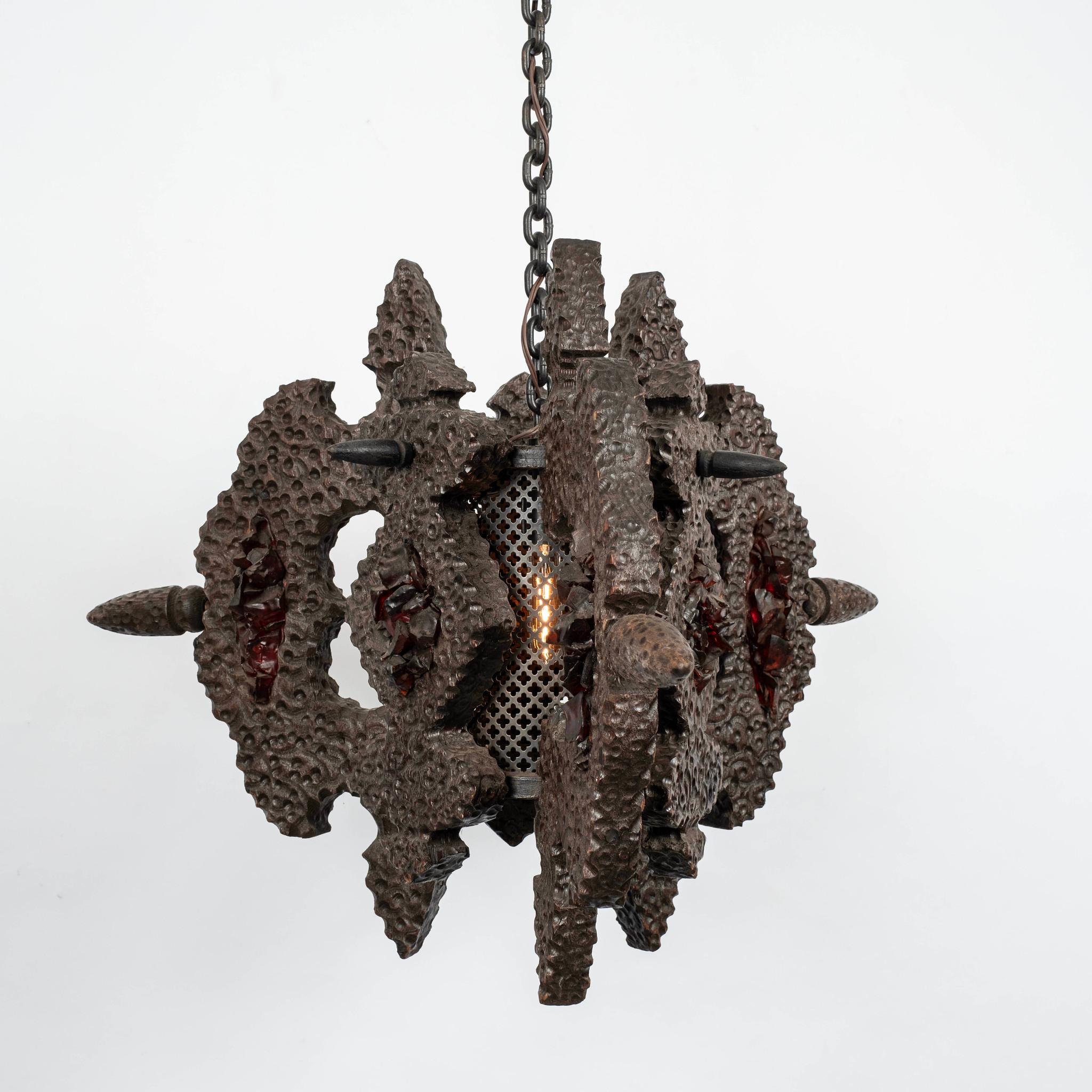20th Century 1960s Medieval Revival Wood Resin Pendant Light For Sale