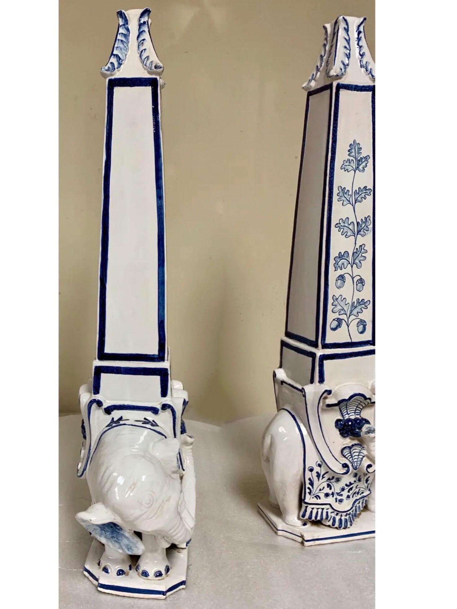 Hollywood Regency 1960s Meiselman Imports Terracotta Elephant Blue & White Obelisks, a Pair