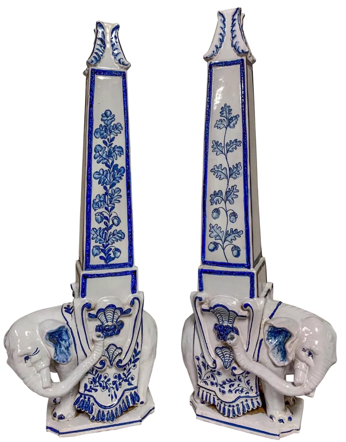 1960s Meiselman Imports Terracotta Elephant Blue & White Obelisks, a Pair In Good Condition In Kennesaw, GA