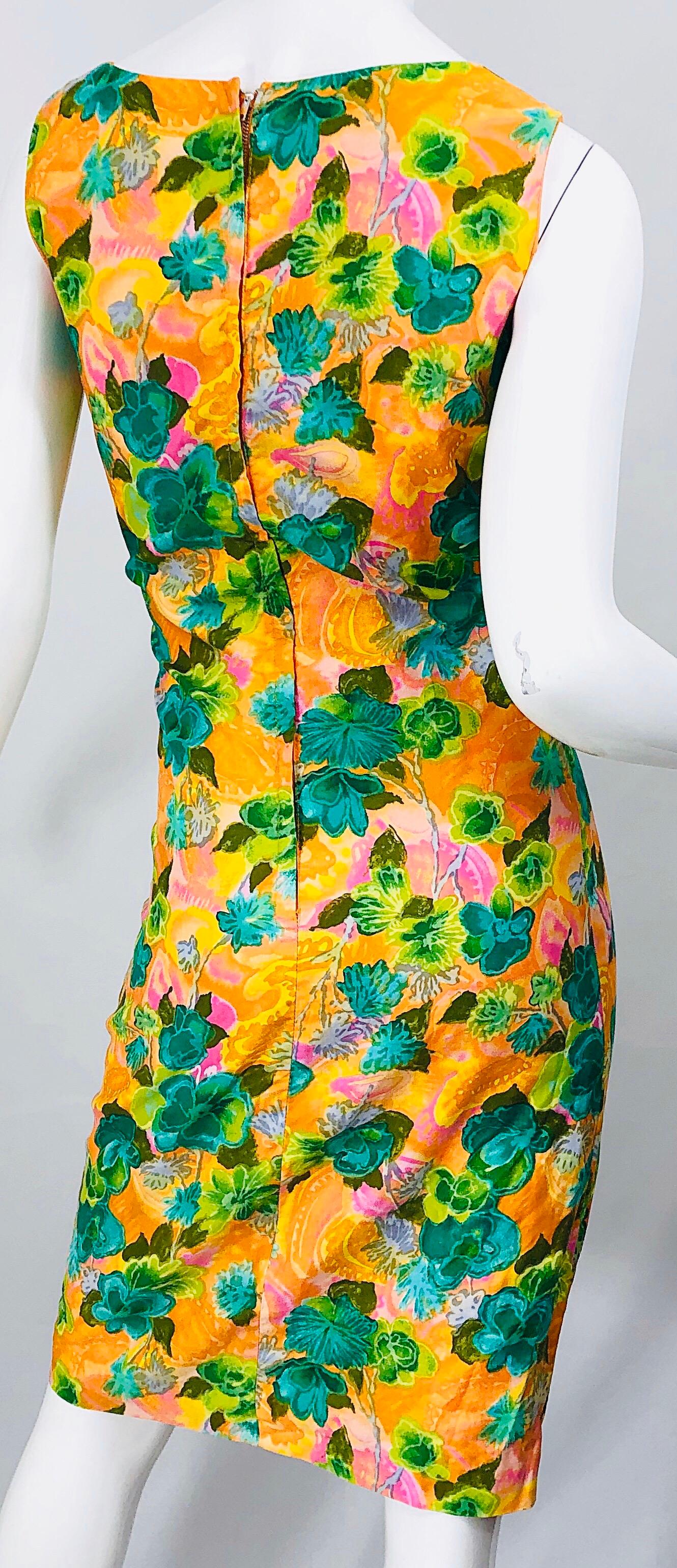 1960s Melo of California Orange Green Pink Flower Print Vintage 60s Sheath Dress For Sale 2
