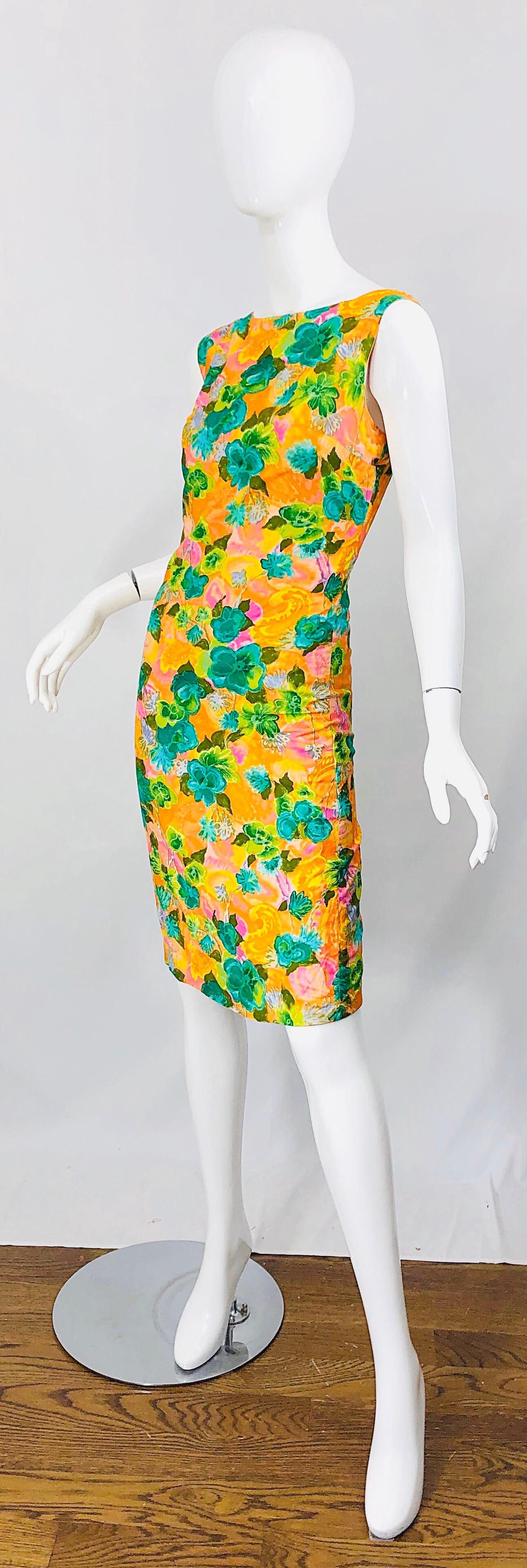 1960s Melo of California Orange Green Pink Flower Print Vintage 60s Sheath Dress For Sale 3